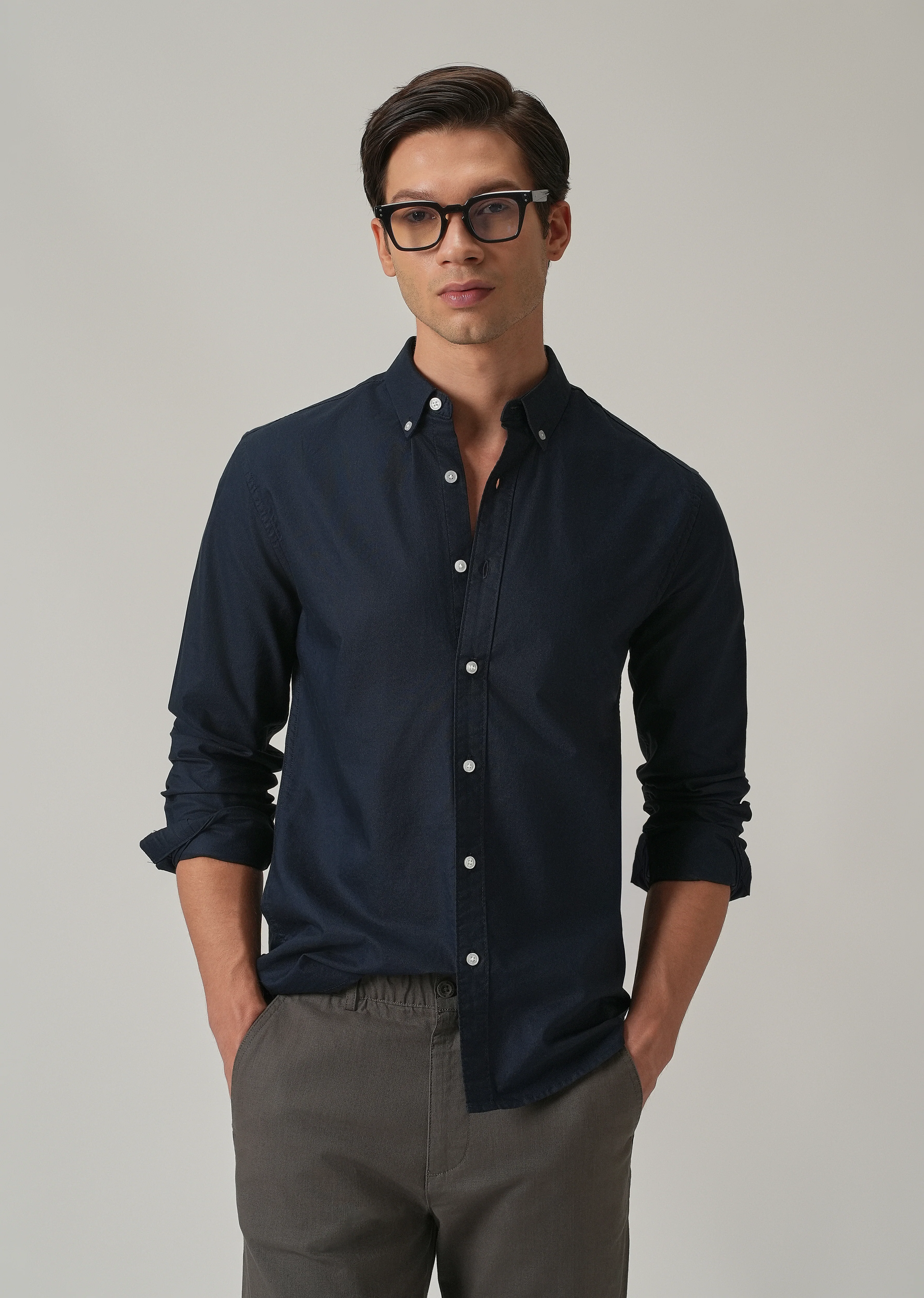 Navy Blue Plain Elbow Patch Oxford Shirt - Image 7