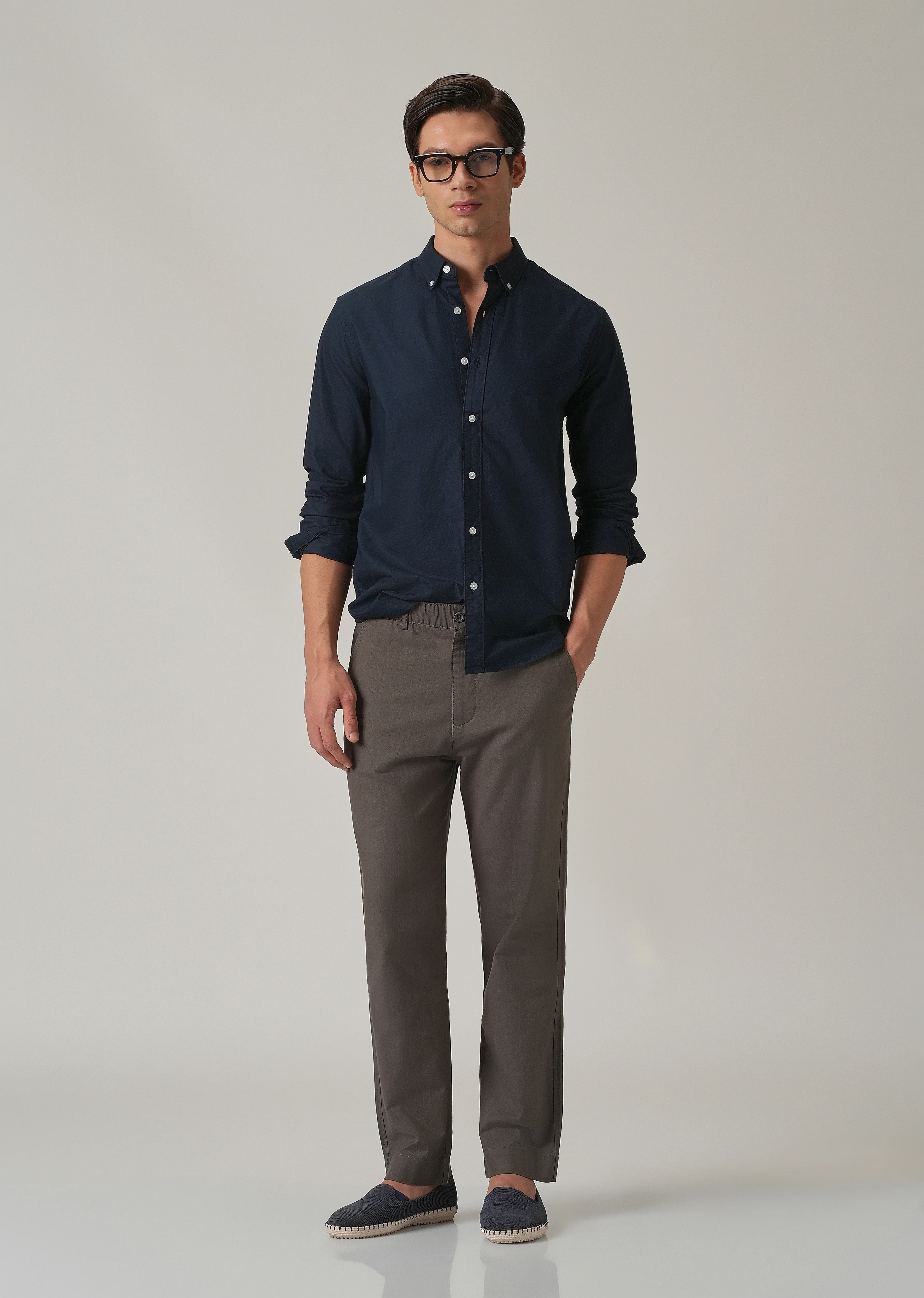 Navy Blue Plain Elbow Patch Oxford Shirt - Image 8