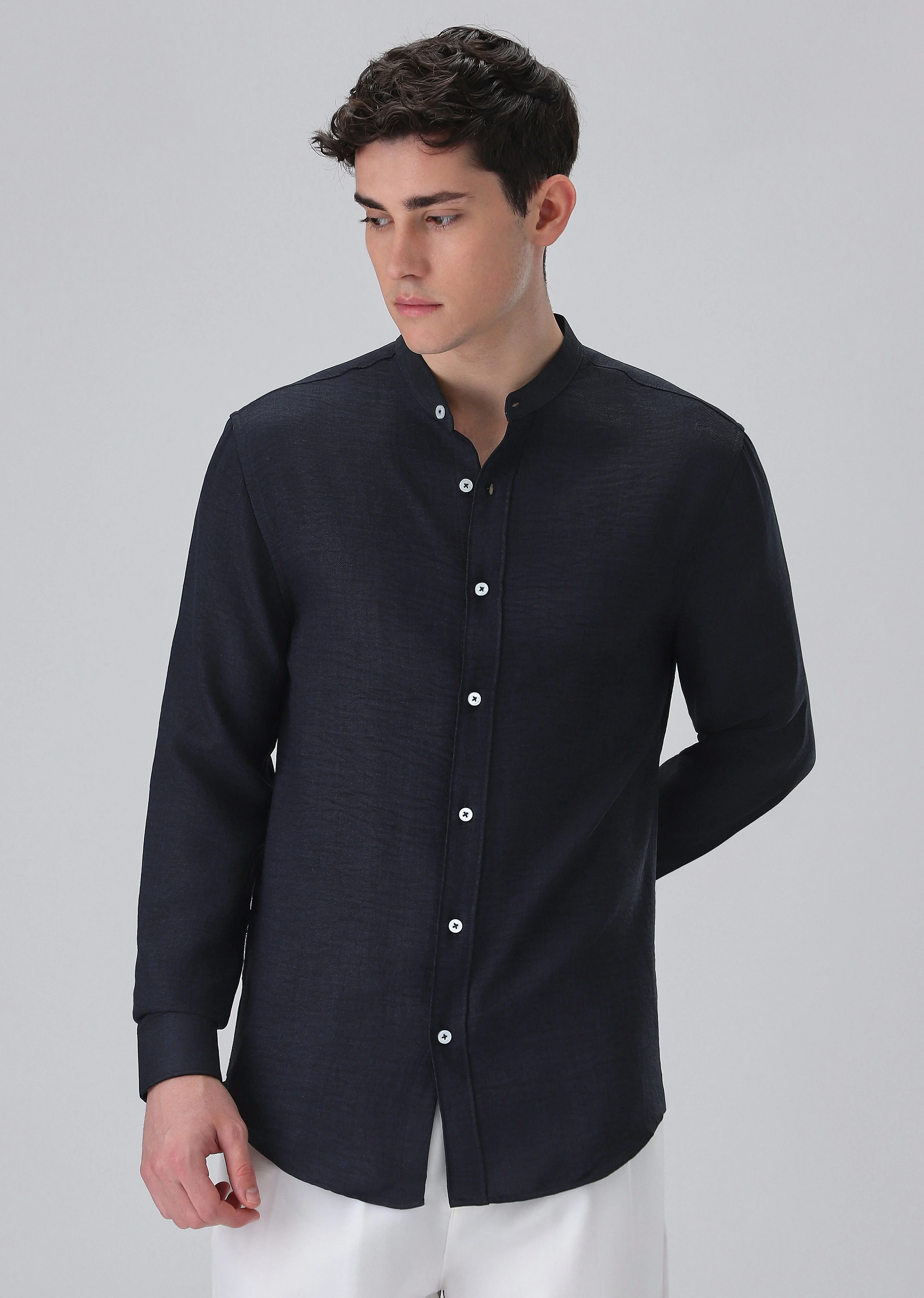 Navy Blue Plain Mandarin Collar Shirt - Image 3