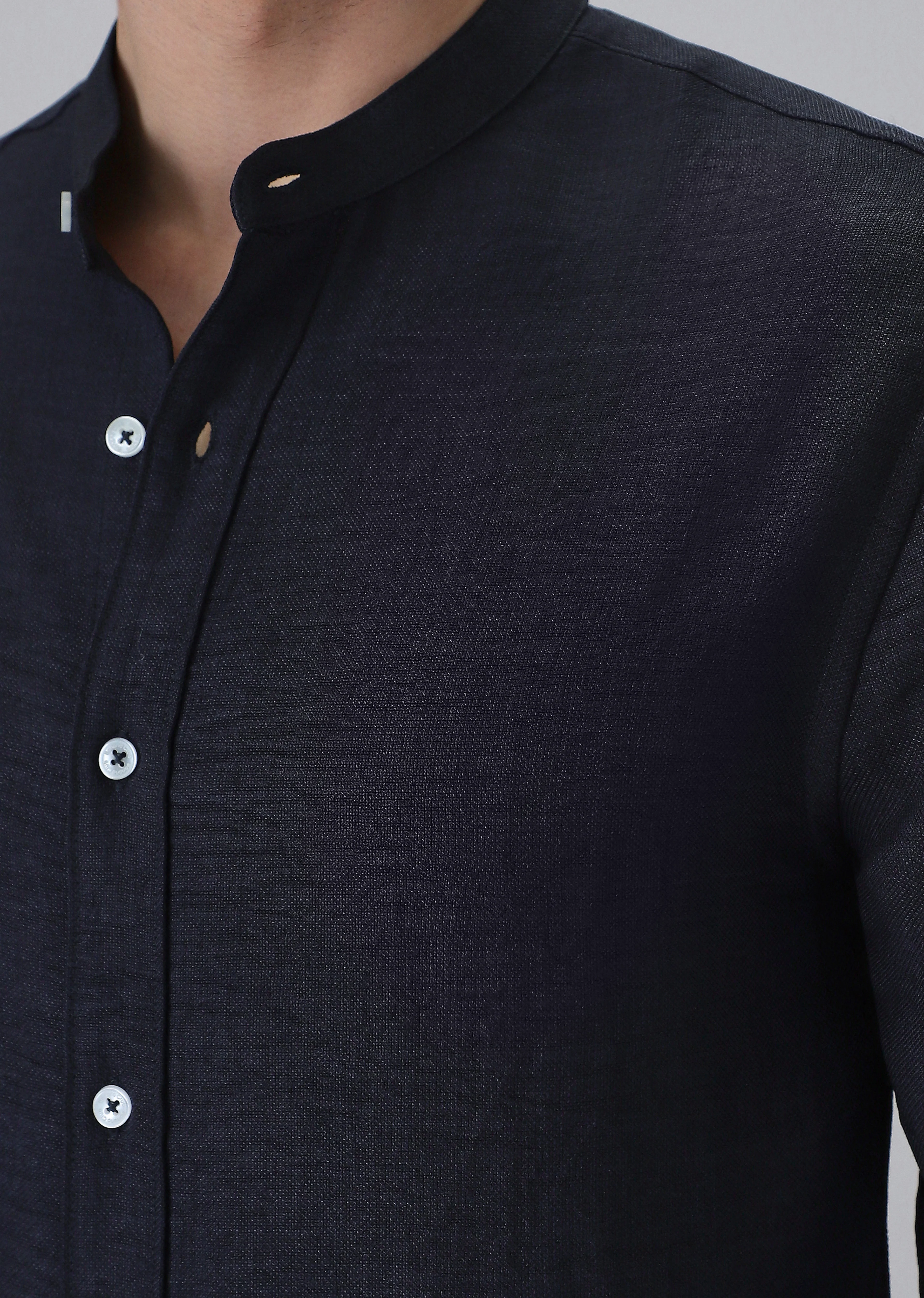 Navy Blue Plain Mandarin Collar Shirt - Image 5