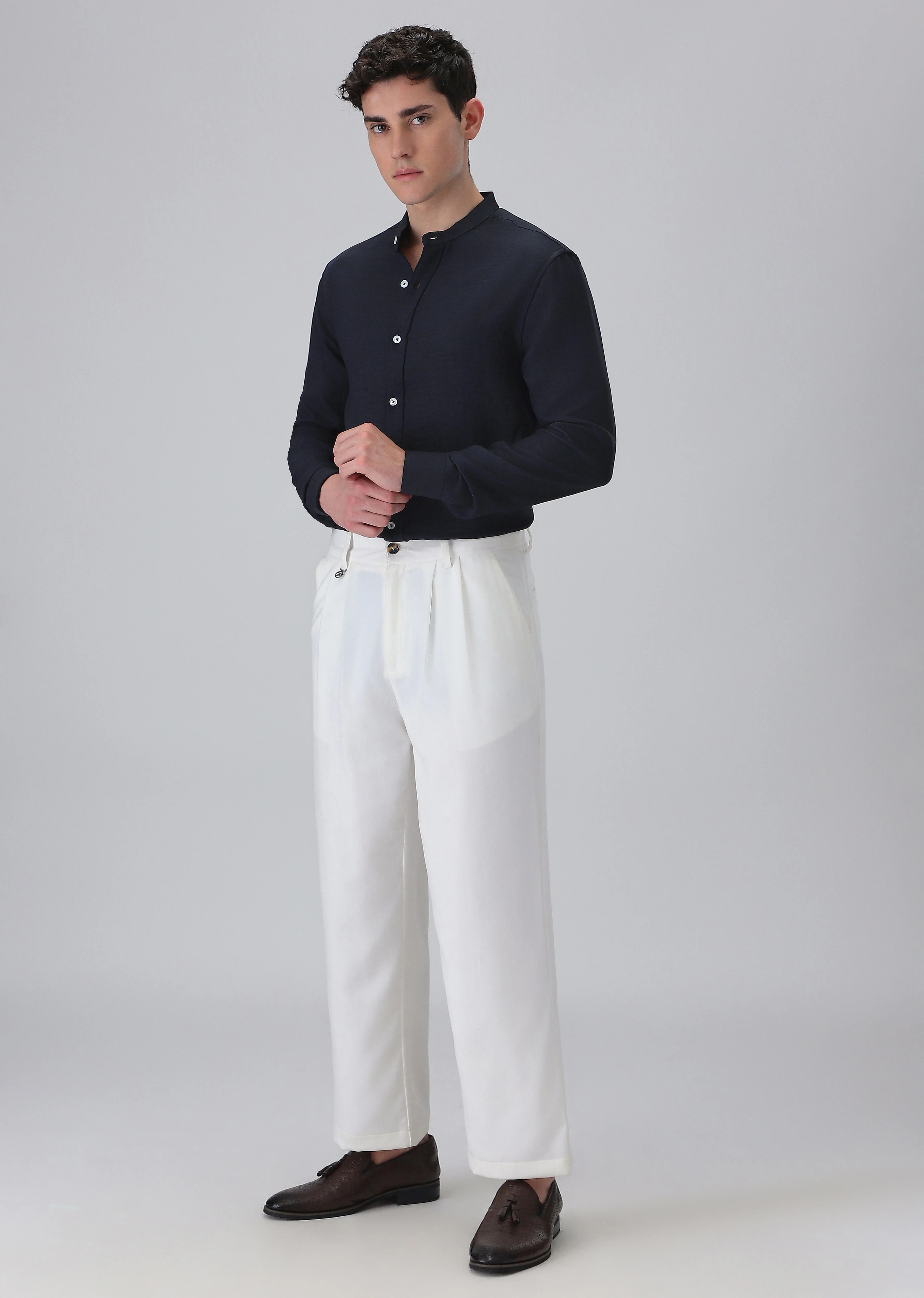 Navy Blue Plain Mandarin Collar Shirt - Image 6