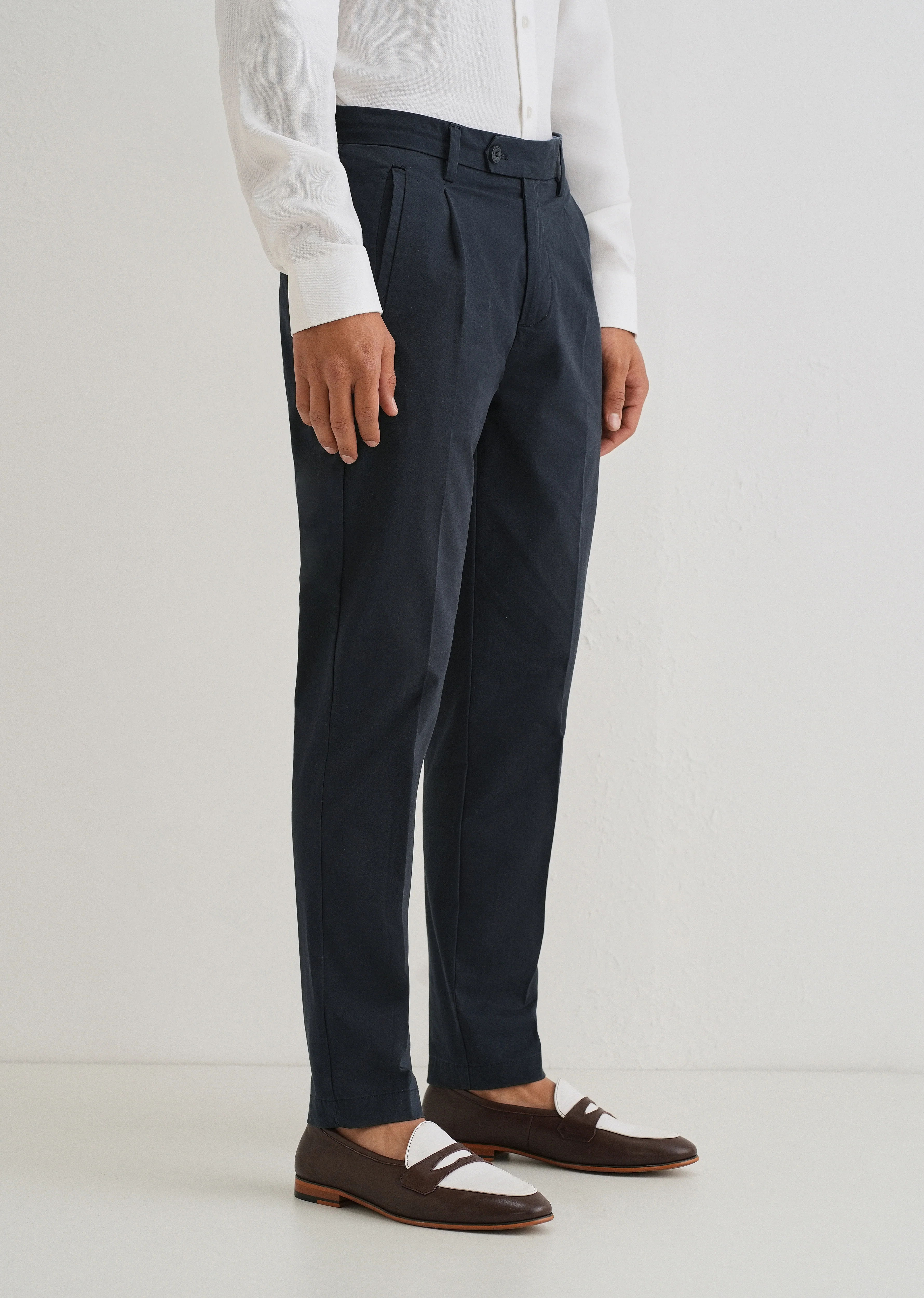 Navy Blue Plain Pleated Chinos - Image 4