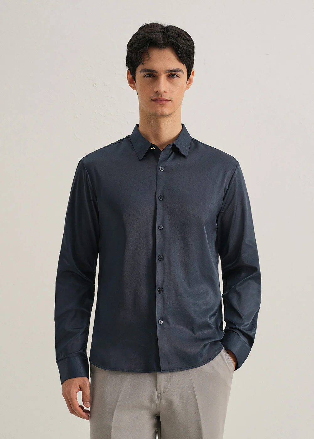 Navy Blue Plain Stitchless Placket Shirt - Image 3