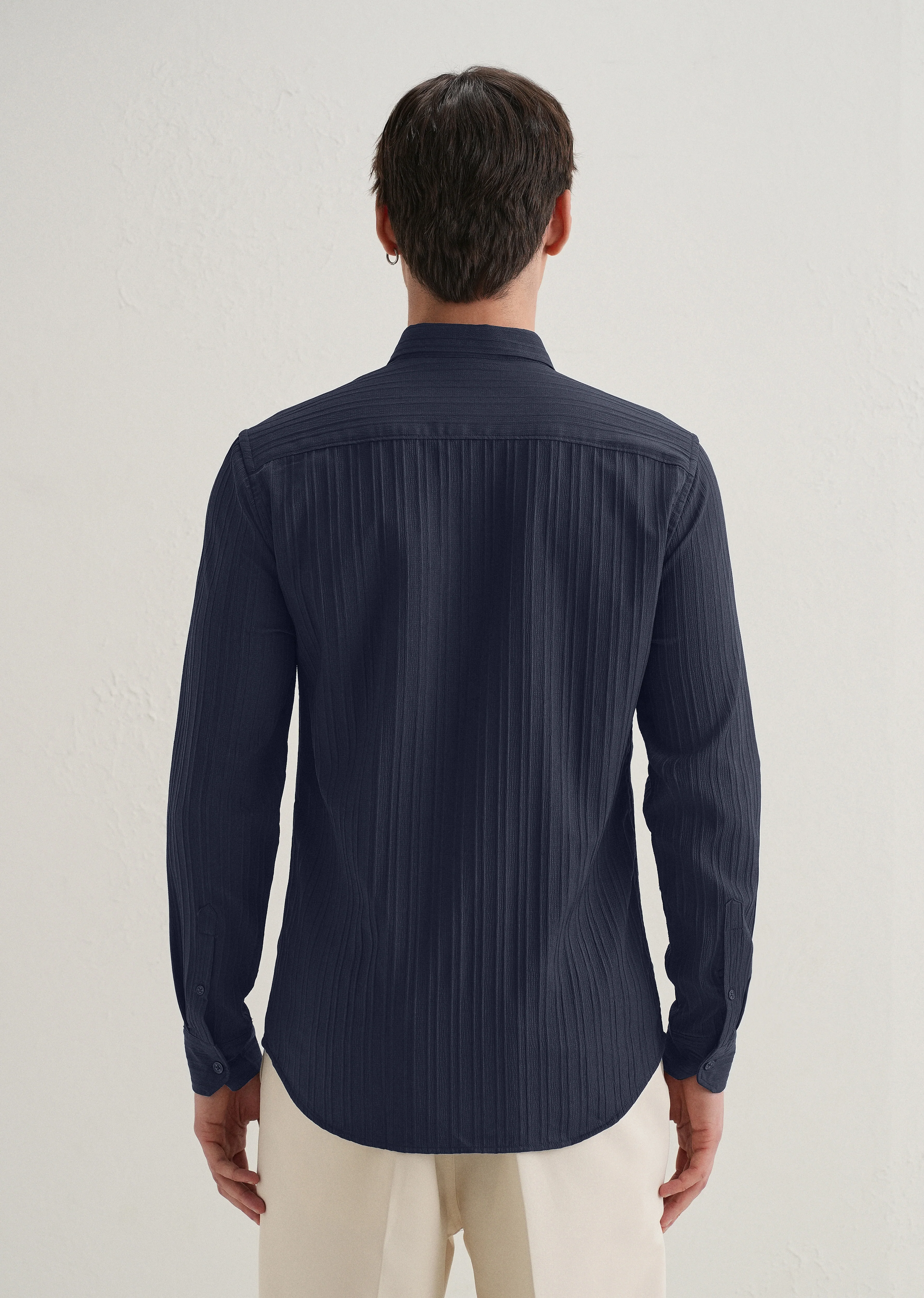 Navy Blue Plain Self Striped Shirt - Image 2