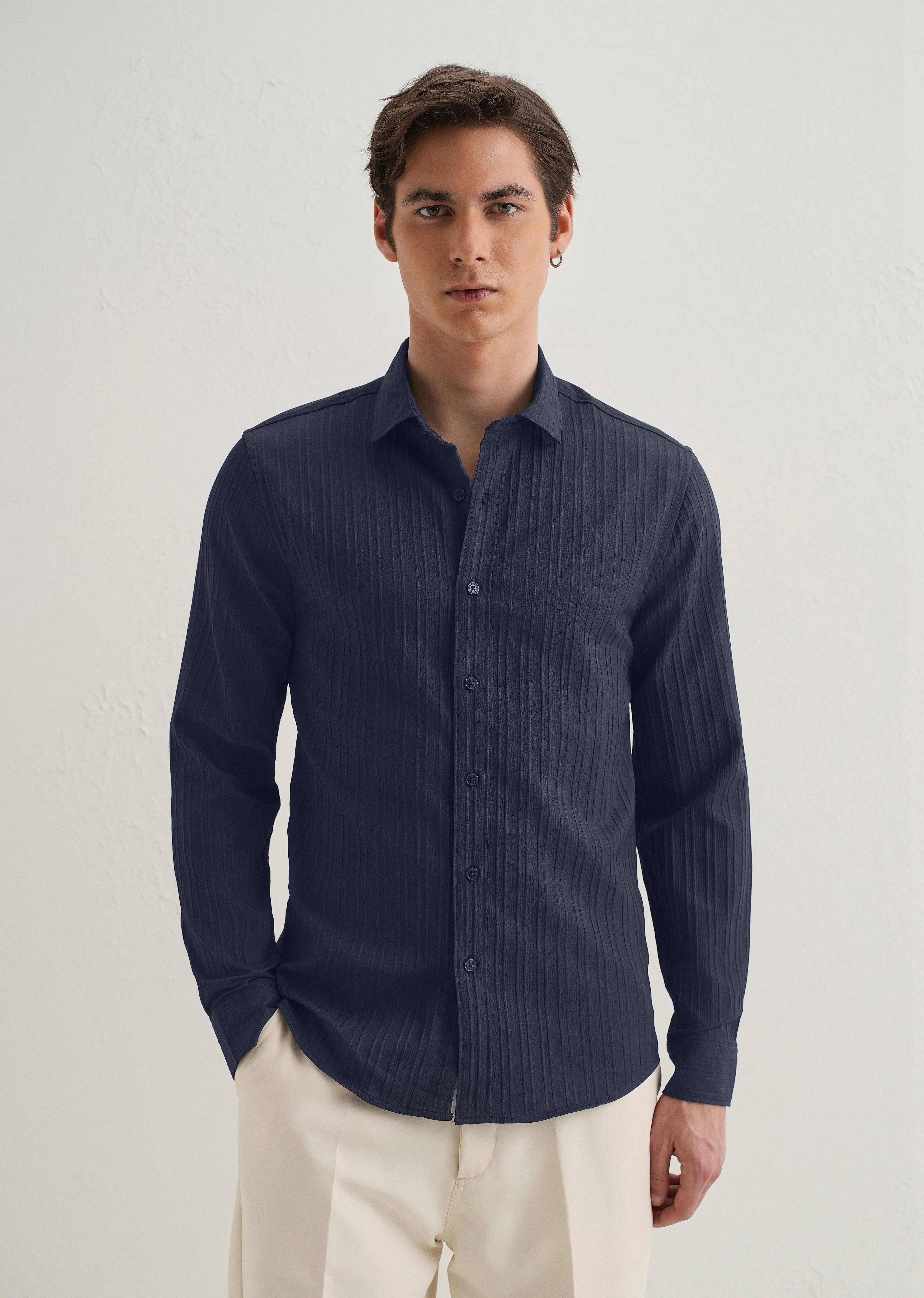 Navy Blue Plain Self Striped Shirt - Image 3