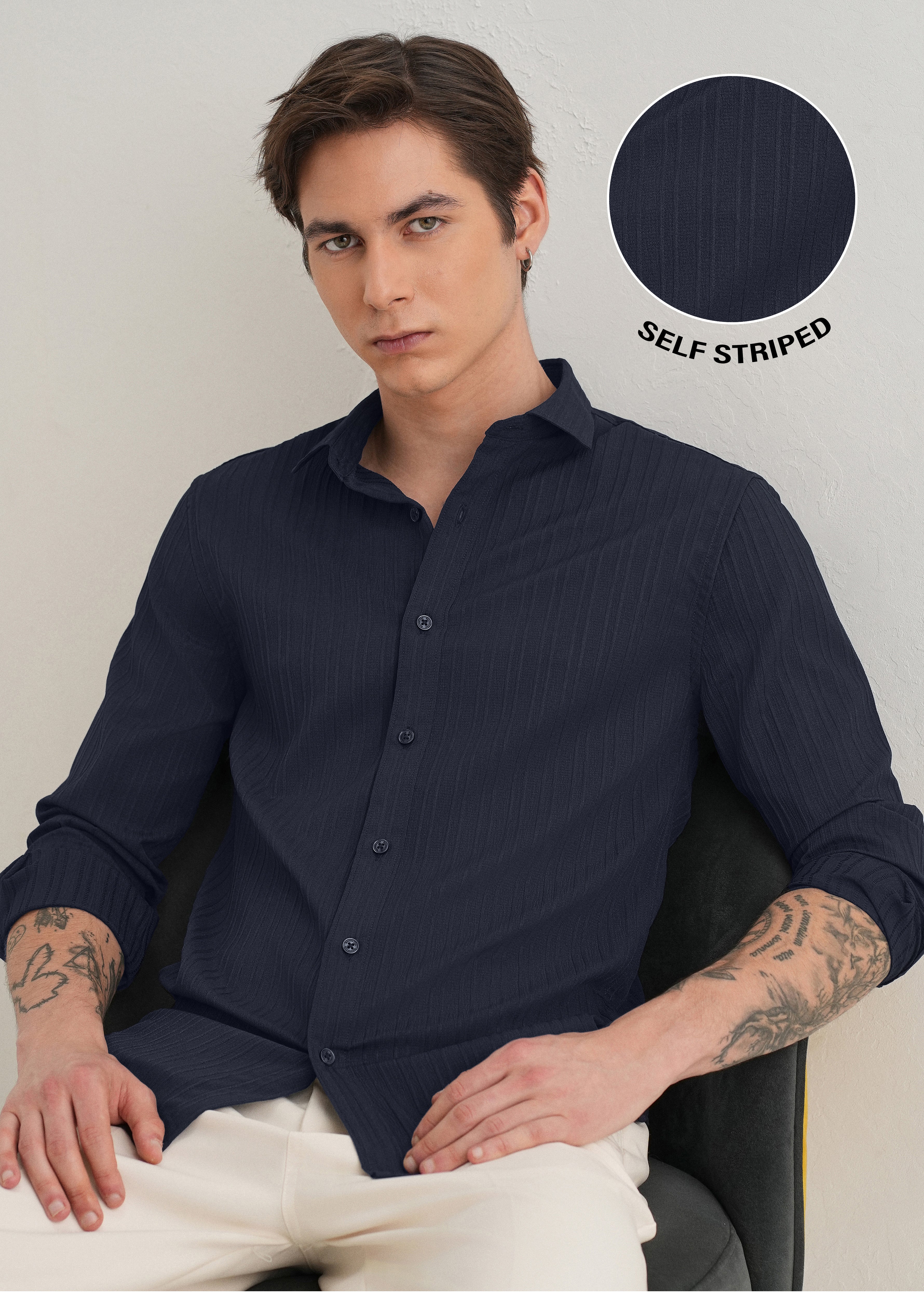 Navy Blue Plain Self Striped Shirt - Image 7