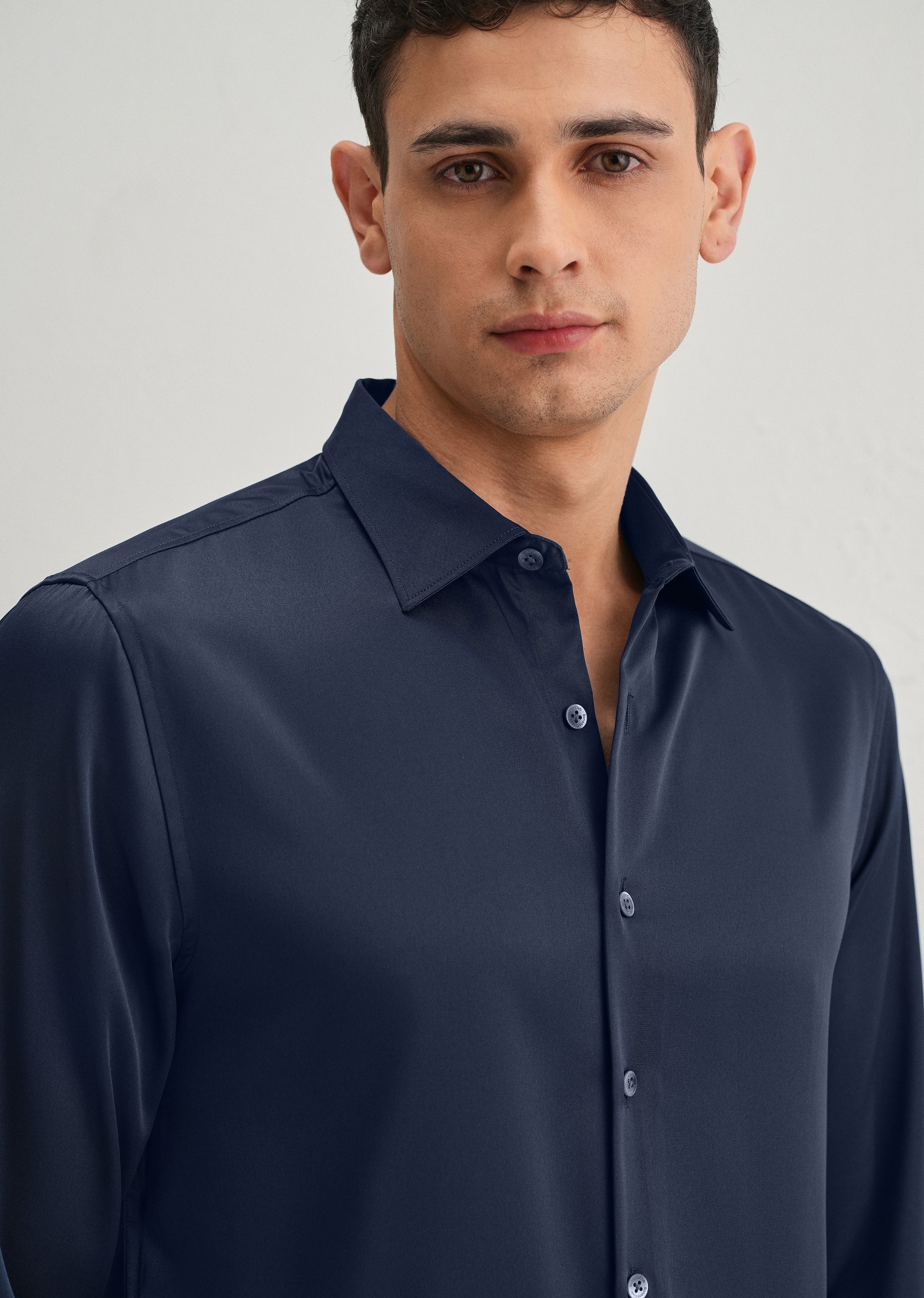 Navy Blue Premium Satin-Finish Plain Shirt - Image 3
