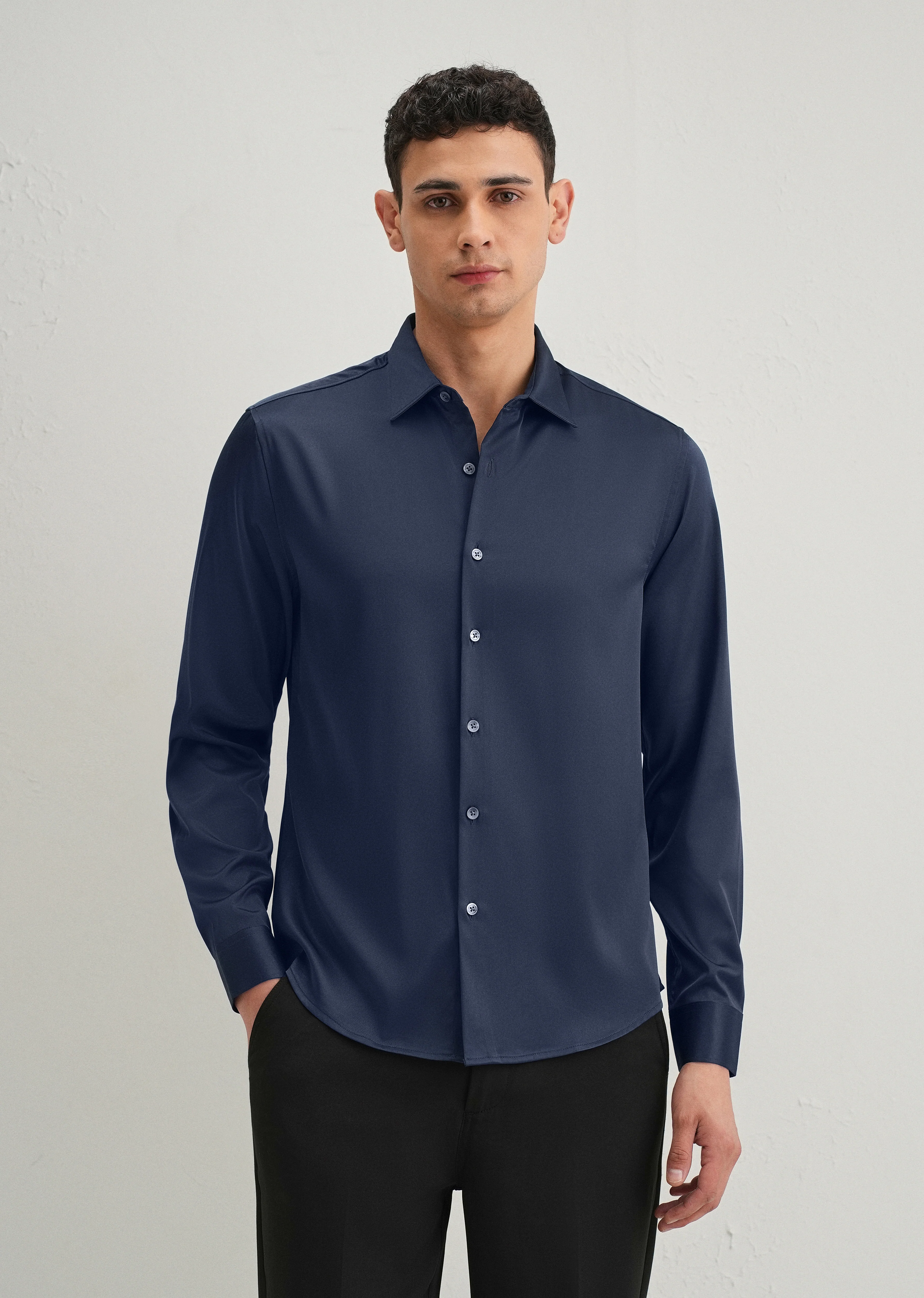 Navy Blue Premium Satin-Finish Plain Shirt - Image 5