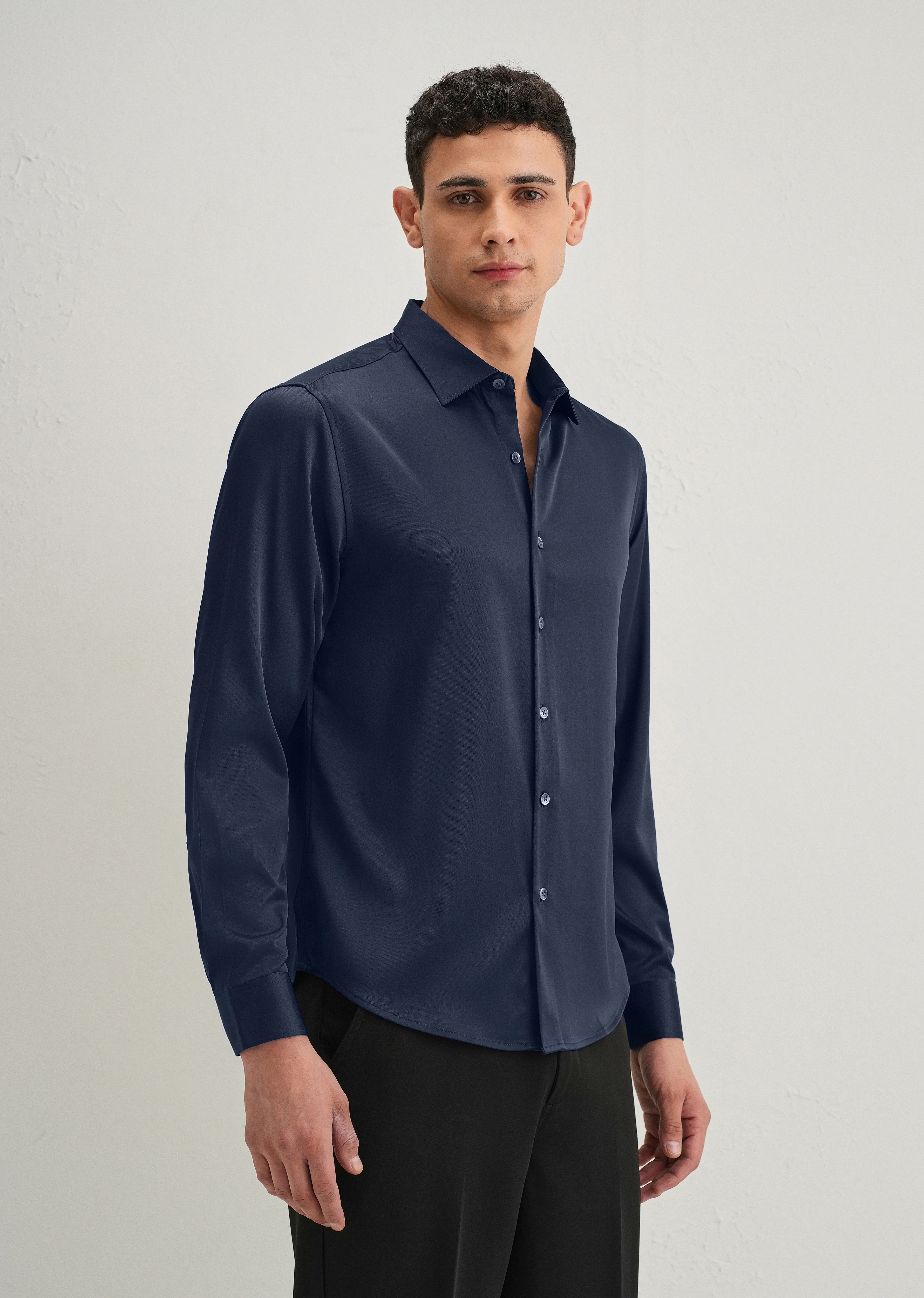 Navy Blue Premium Satin-Finish Plain Shirt - Image 6