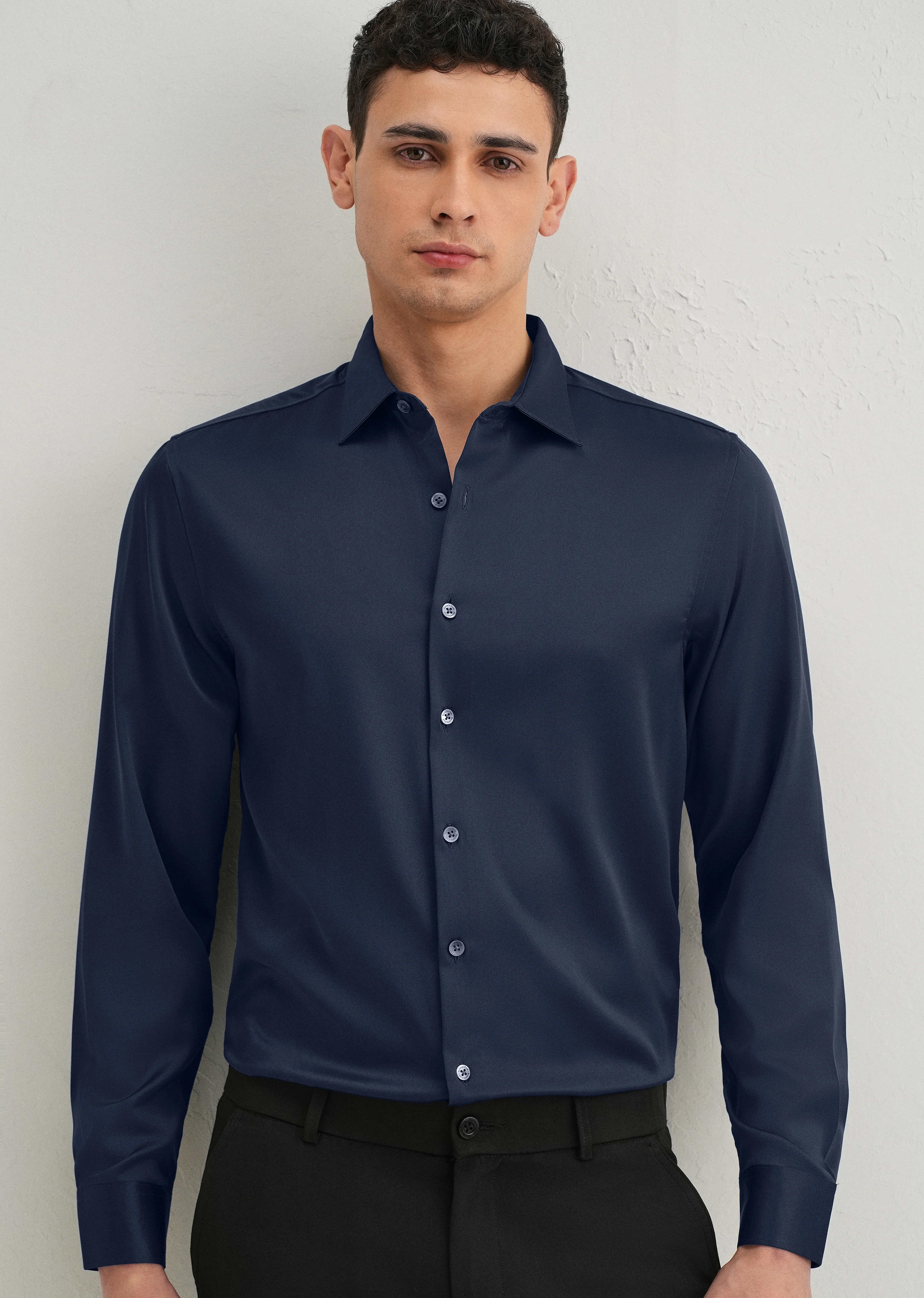 Navy Blue Premium Satin-Finish Plain Shirt - Image 8