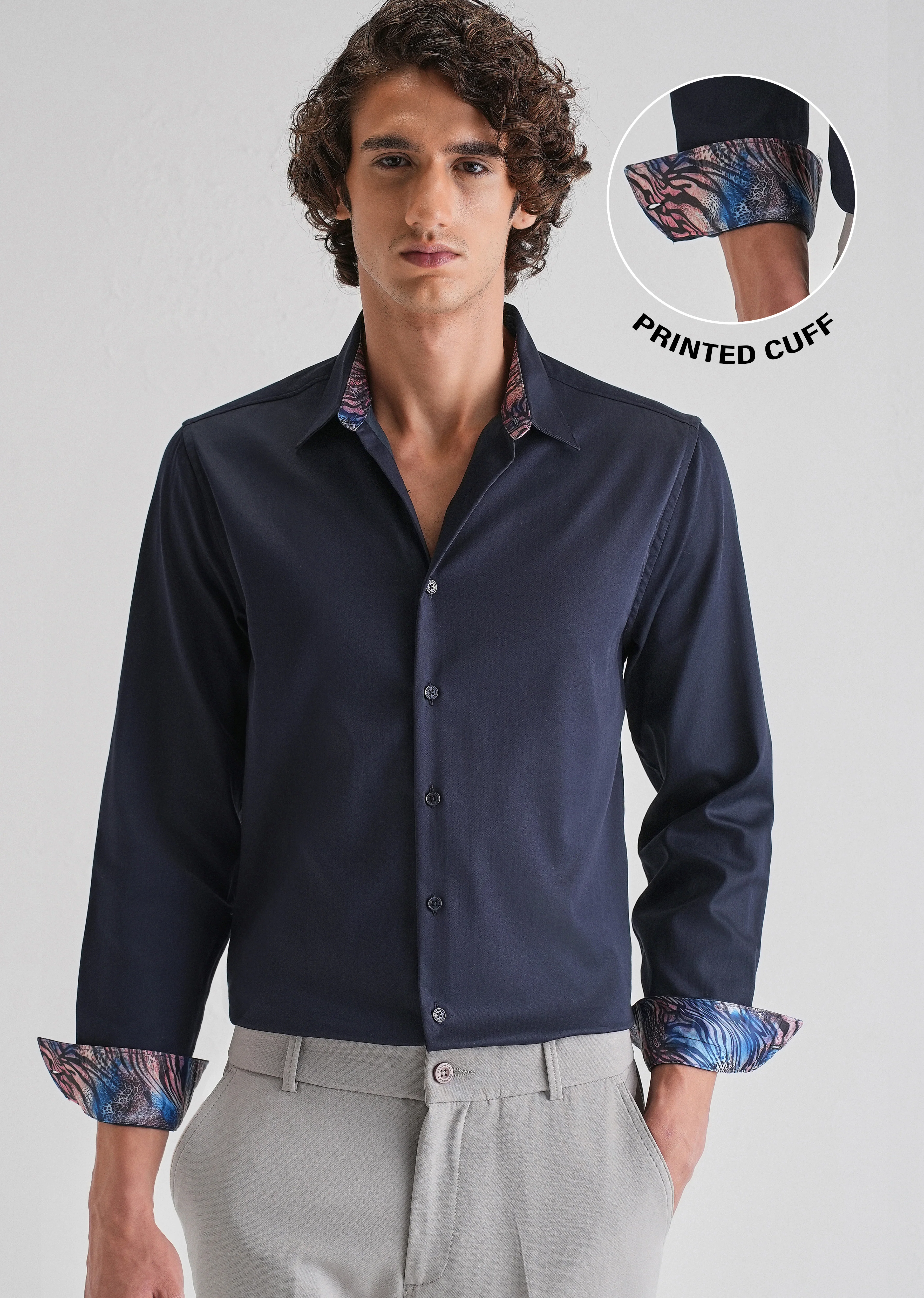 Navy Blue Printed Cuff Shirt - Image 7