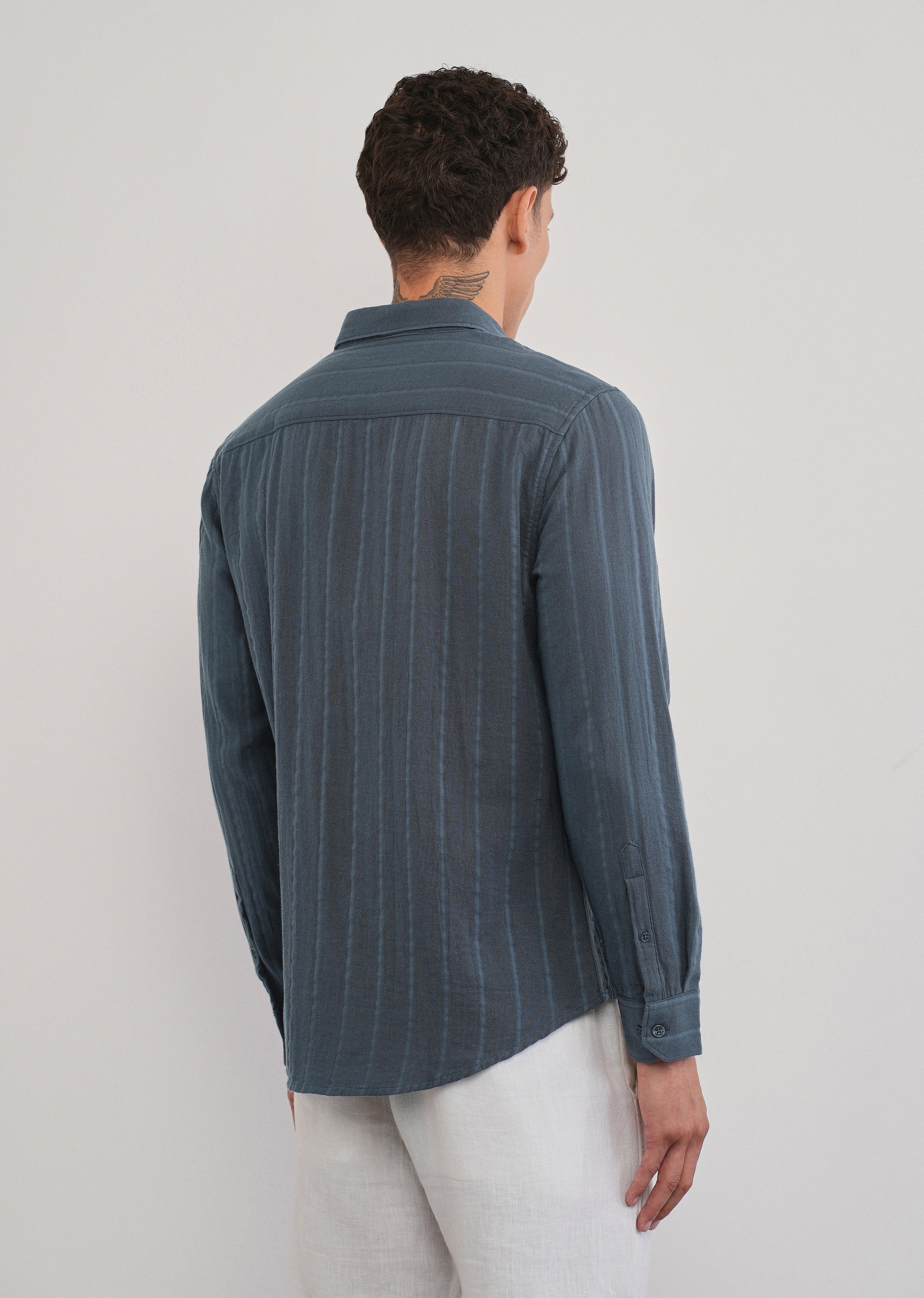 Navy Blue Self Striped Cotton Shirt - Image 2