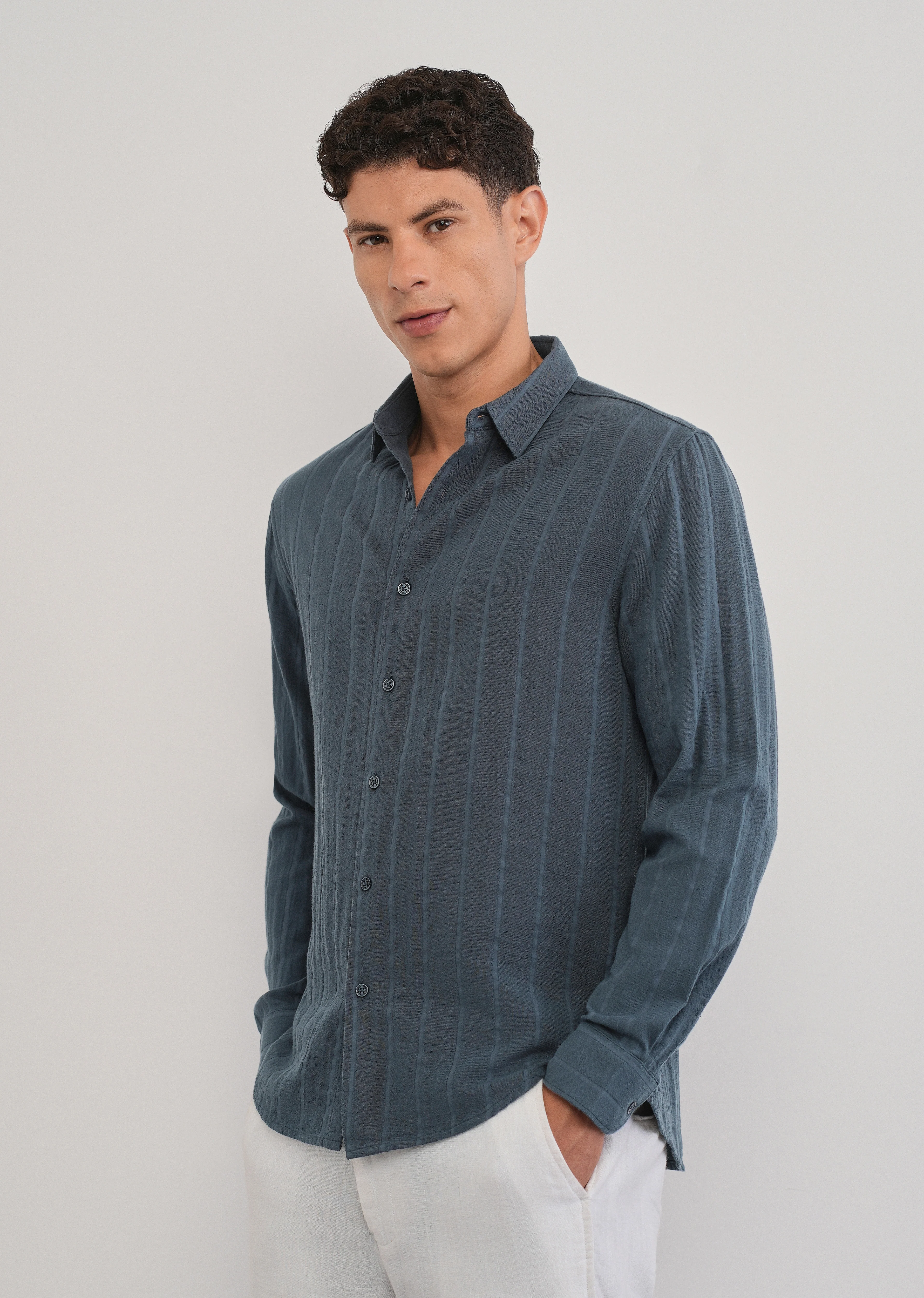 Navy Blue Self Striped Cotton Shirt - Image 4