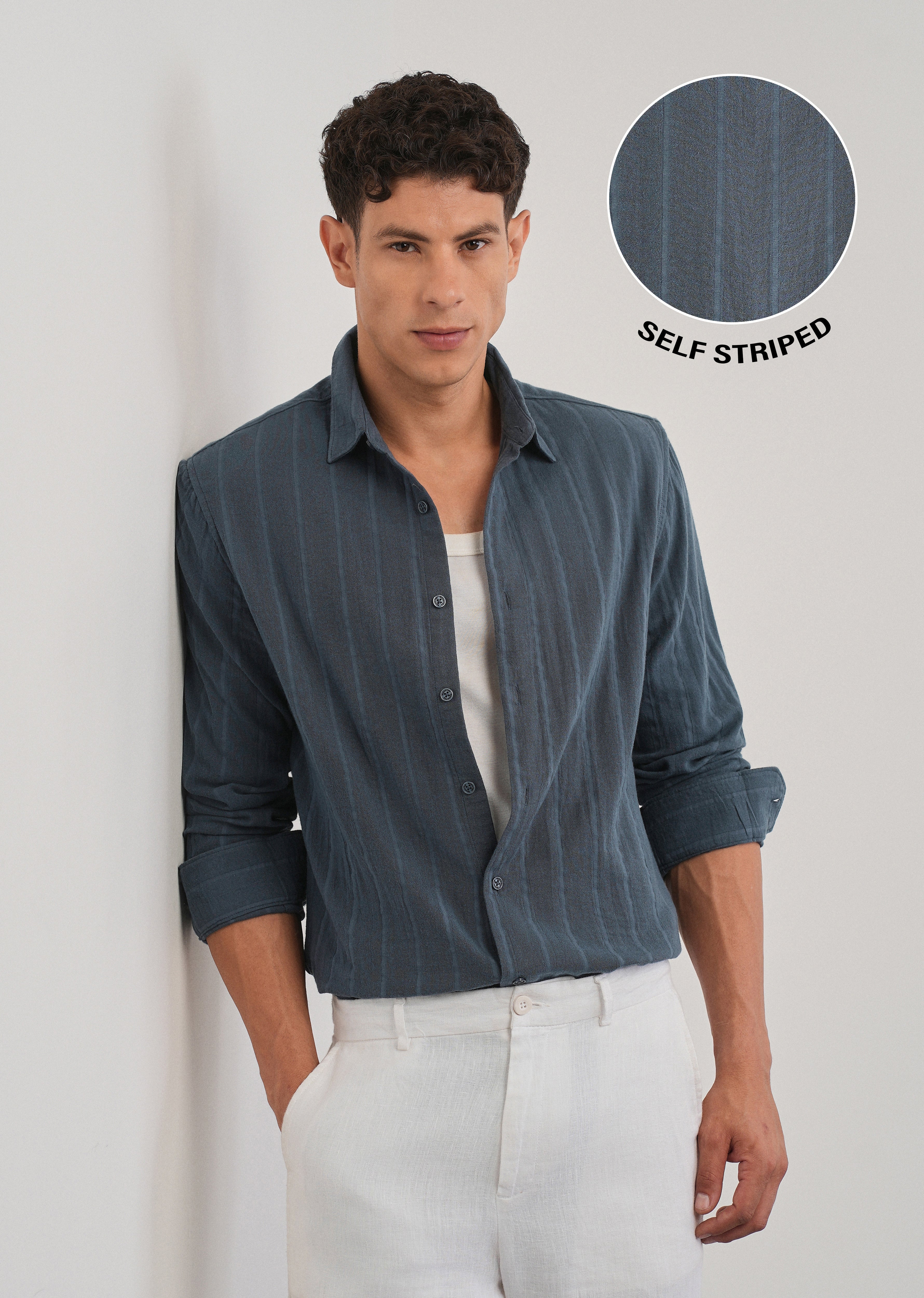 Navy Blue Self Striped Cotton Shirt - Image 7