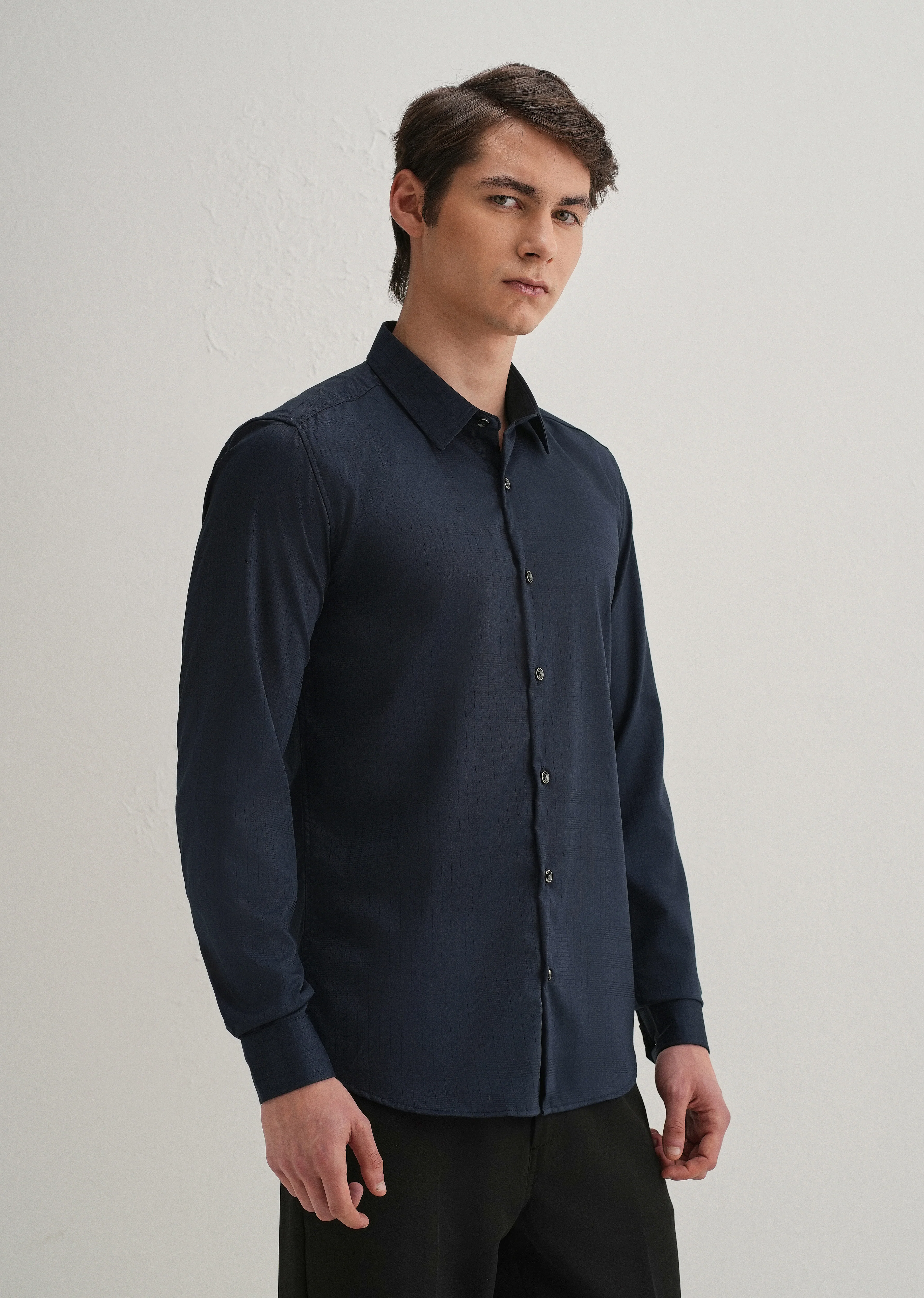 Navy Blue Self Striped Plain Shirt - Image 5