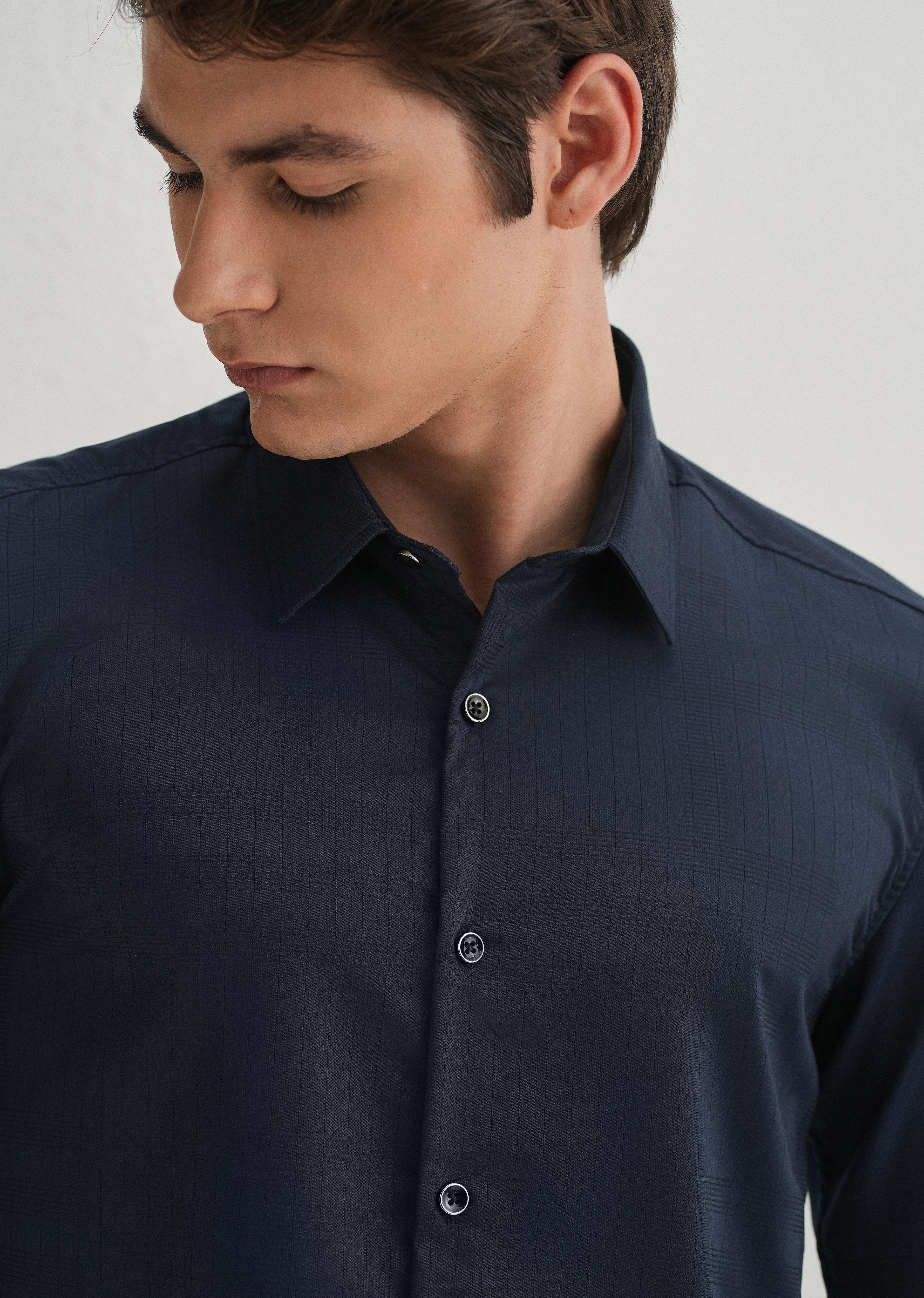 Navy Blue Self Striped Plain Shirt - Image 6