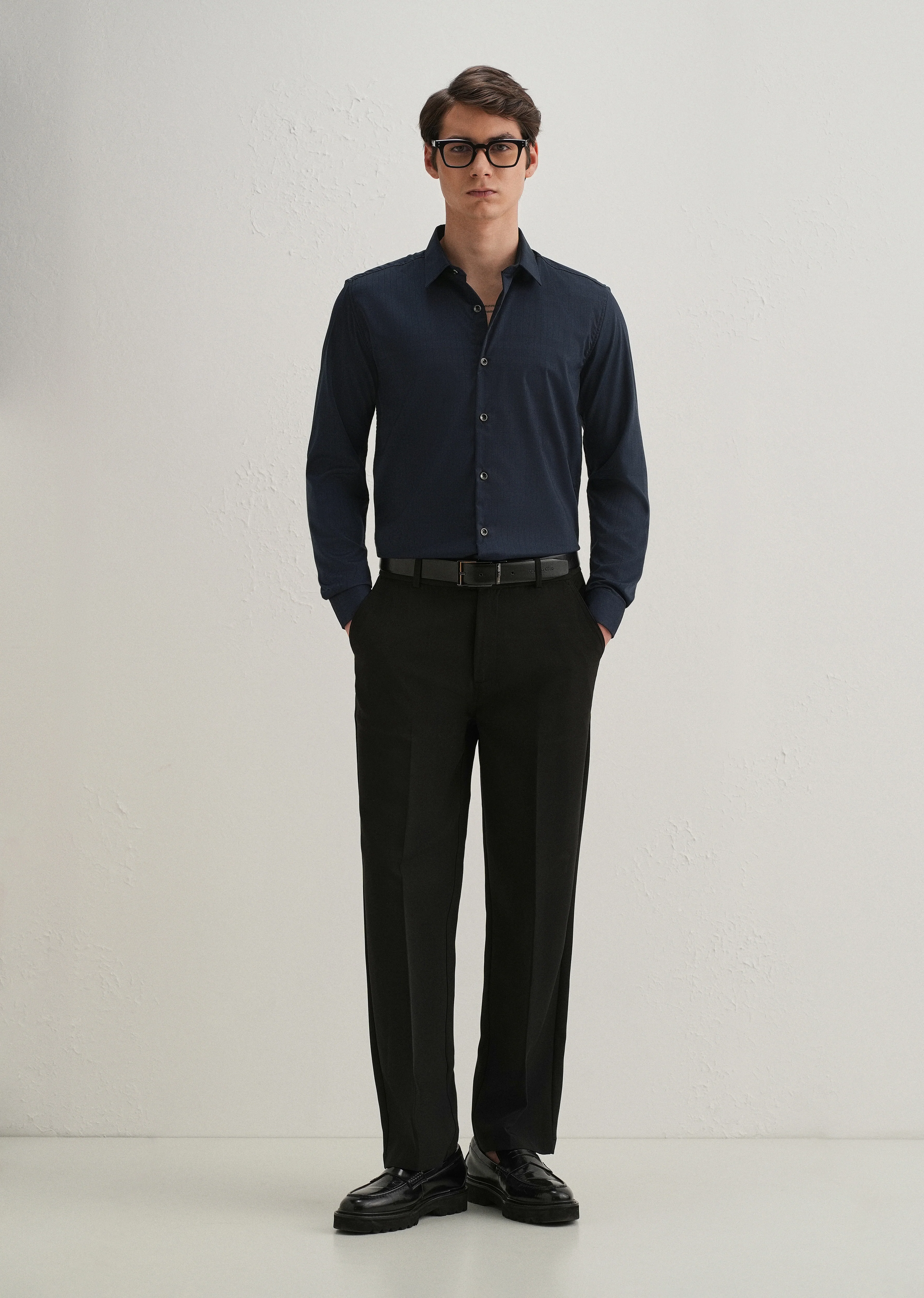 Navy Blue Self Striped Plain Shirt - Image 7
