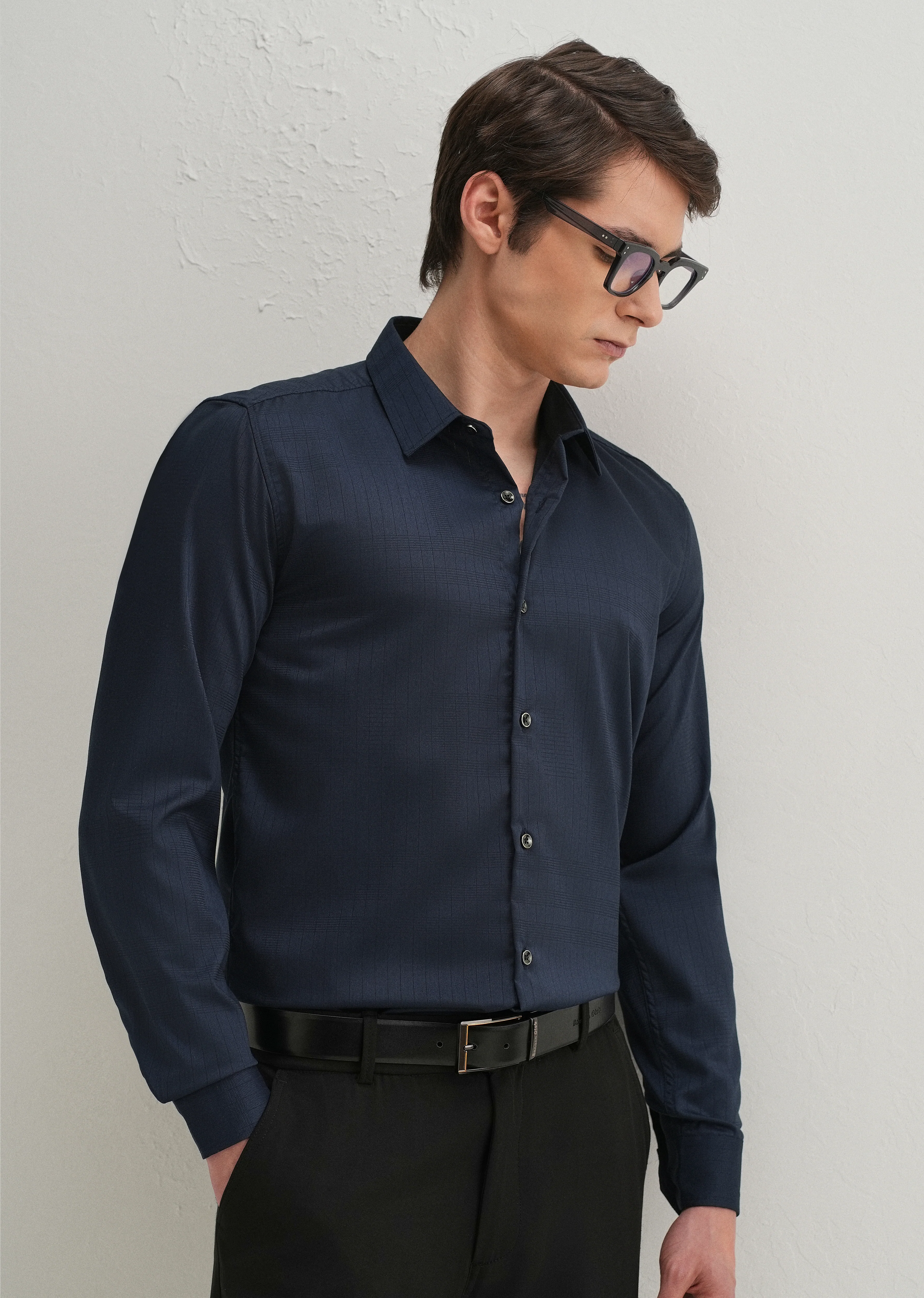 Navy Blue Self Striped Plain Shirt - Image 8