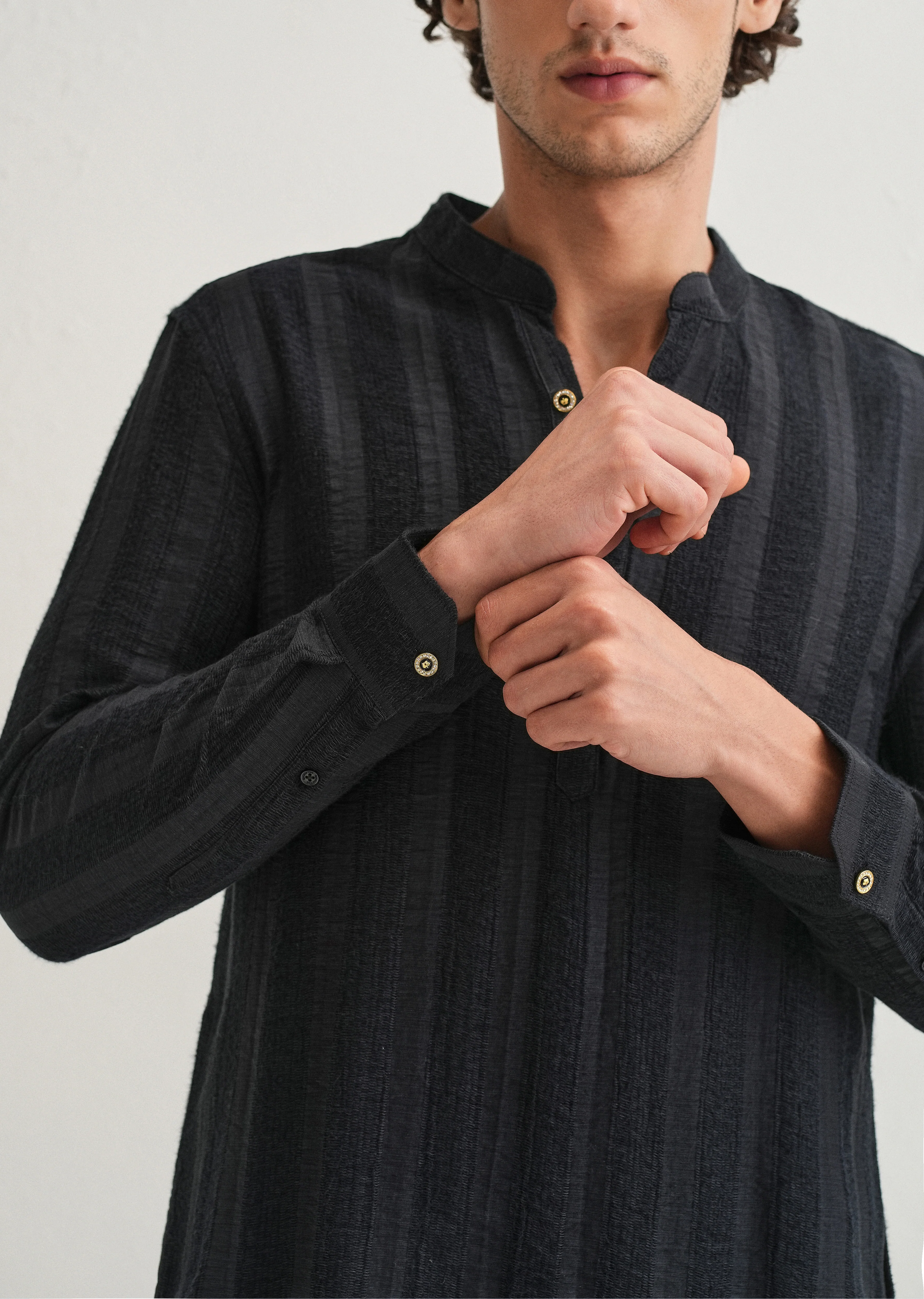 Navy Blue Textured Vertical Stripe Kurta - Image 2