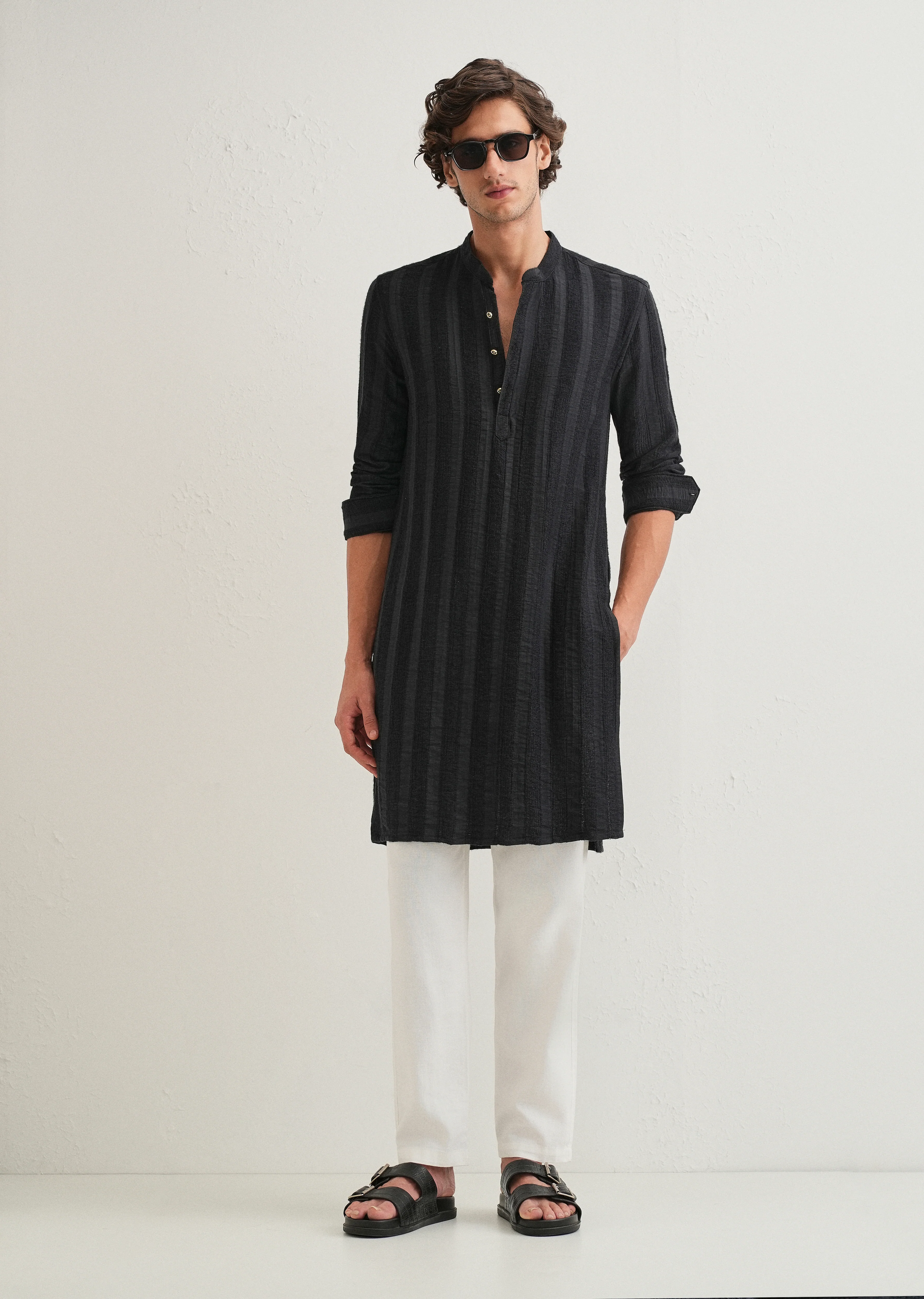 Navy Blue Textured Vertical Stripe Kurta - Image 7