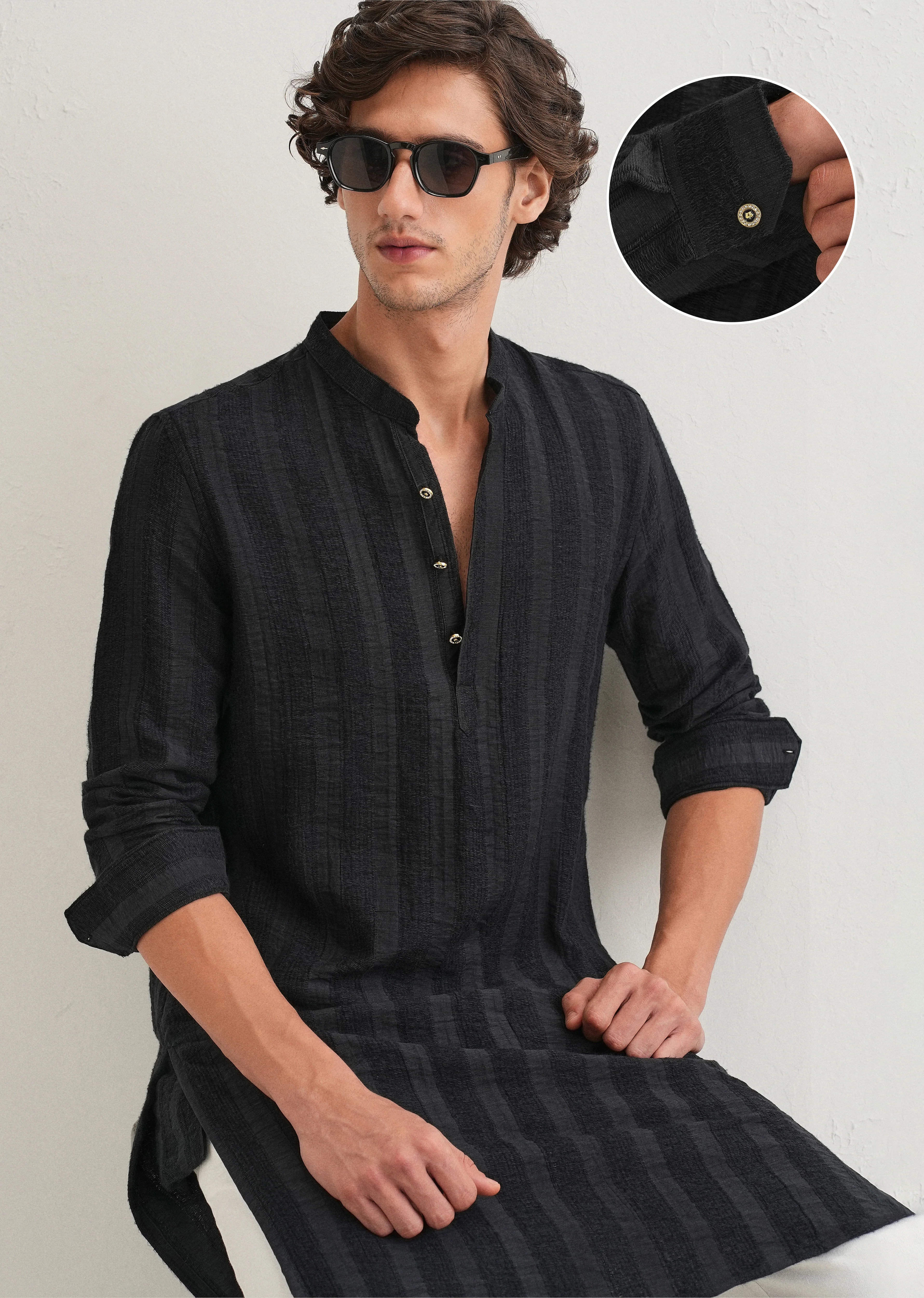 Navy Blue Textured Vertical Stripe Kurta - Image 8