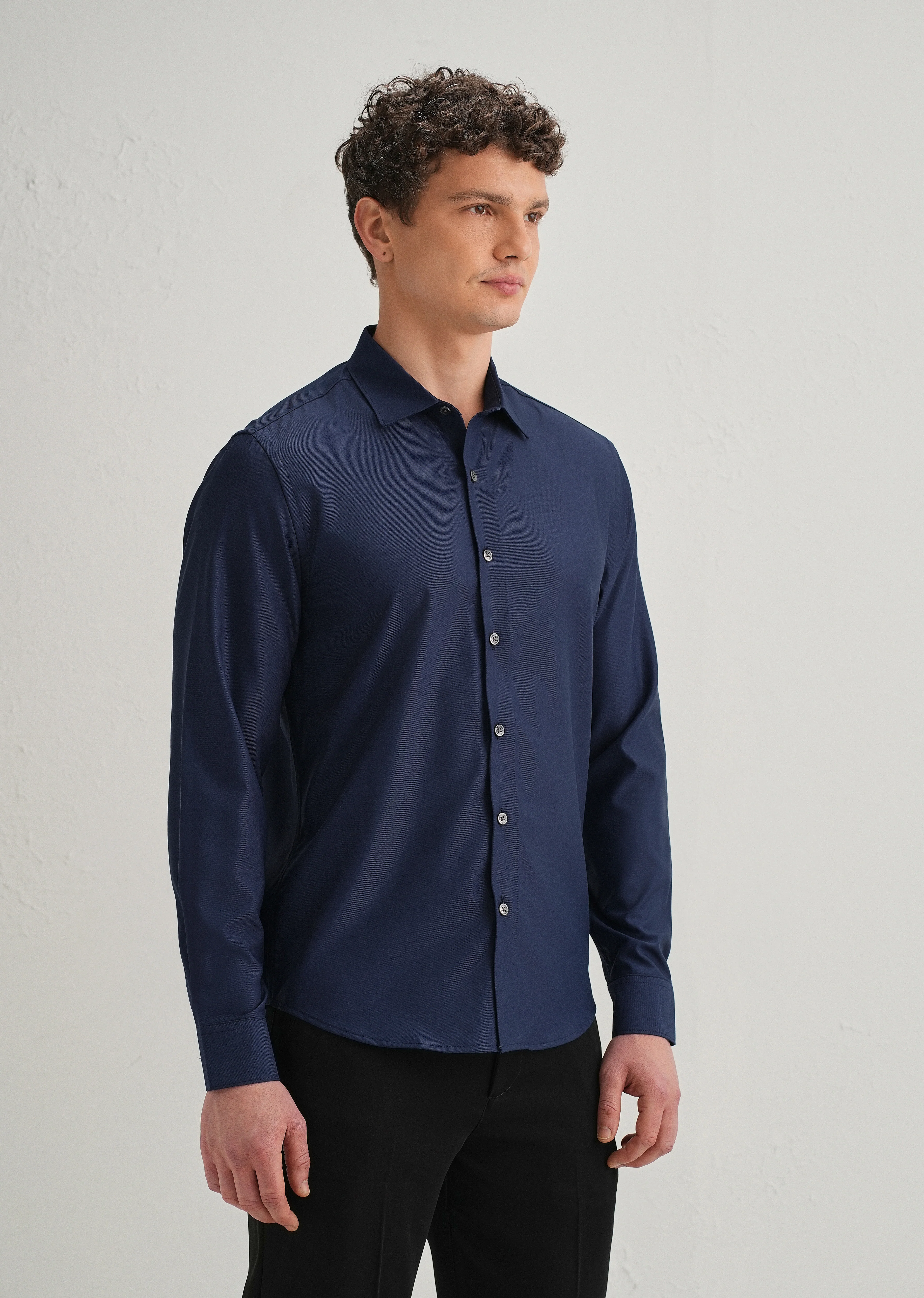 Navy Blue Stitchless Placket Premium Wrinkle-Free Shirt - Image 5
