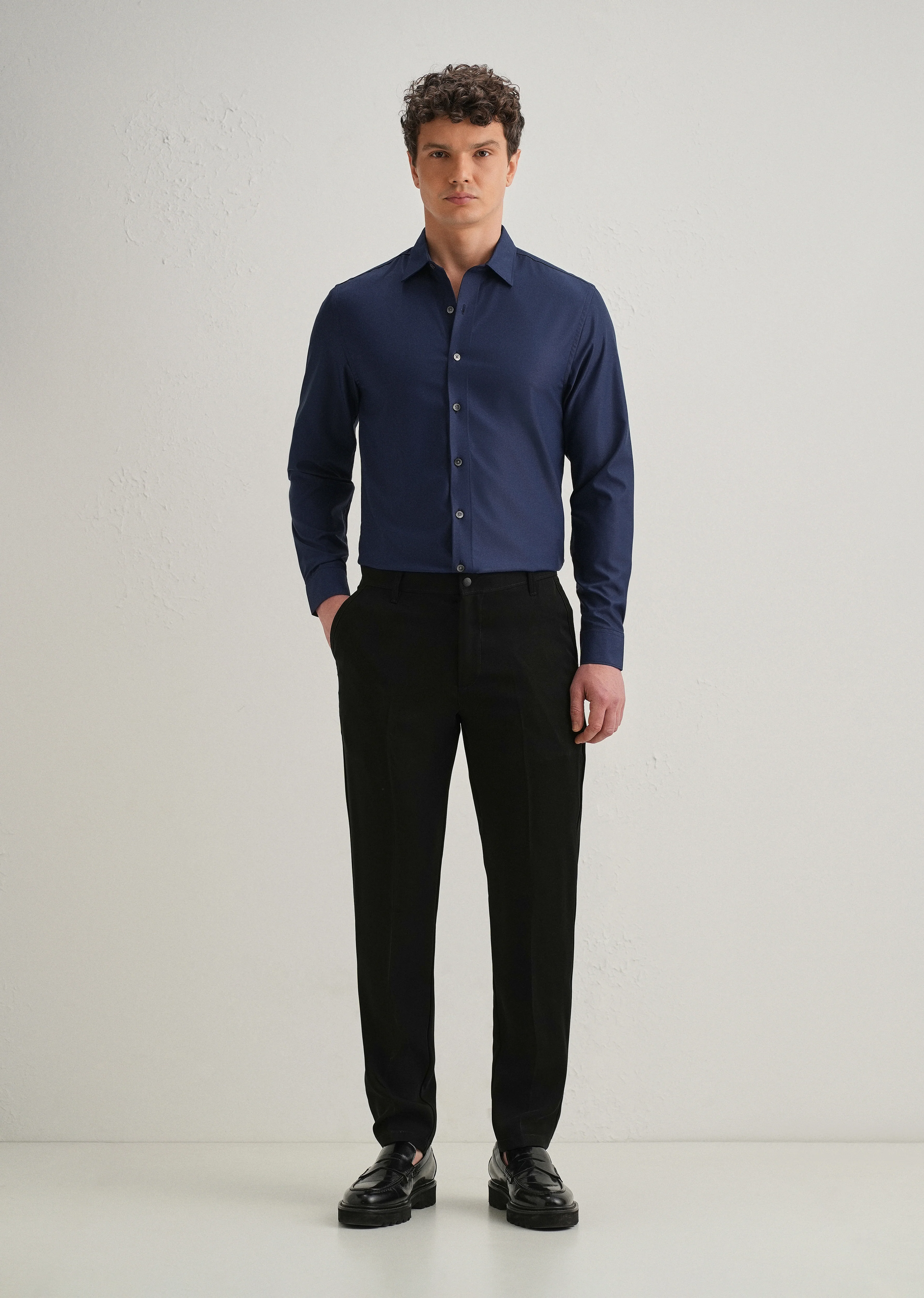 Navy Blue Stitchless Placket Premium Wrinkle-Free Shirt - Image 6