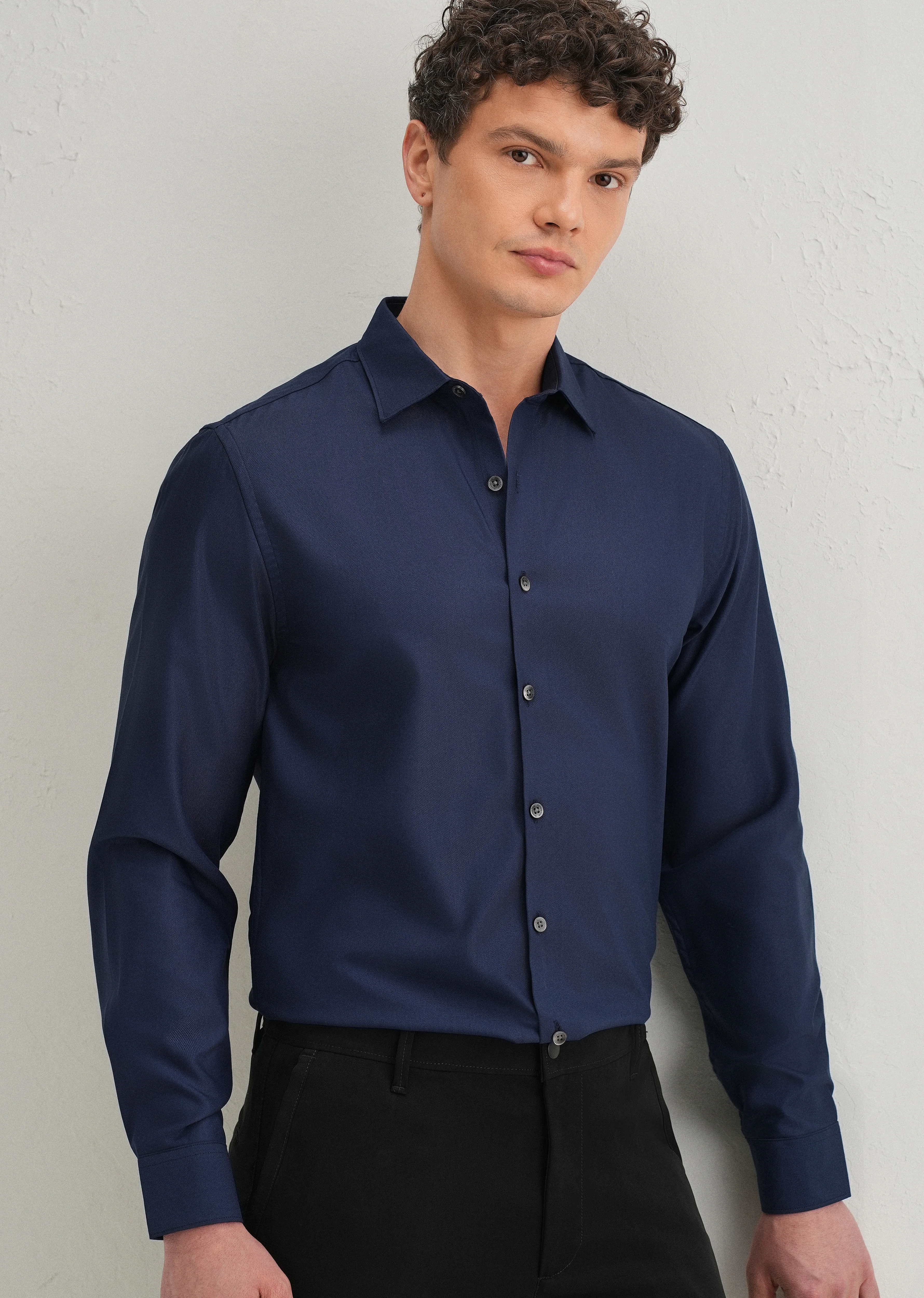 Navy Blue Stitchless Placket Premium Wrinkle-Free Shirt - Image 7
