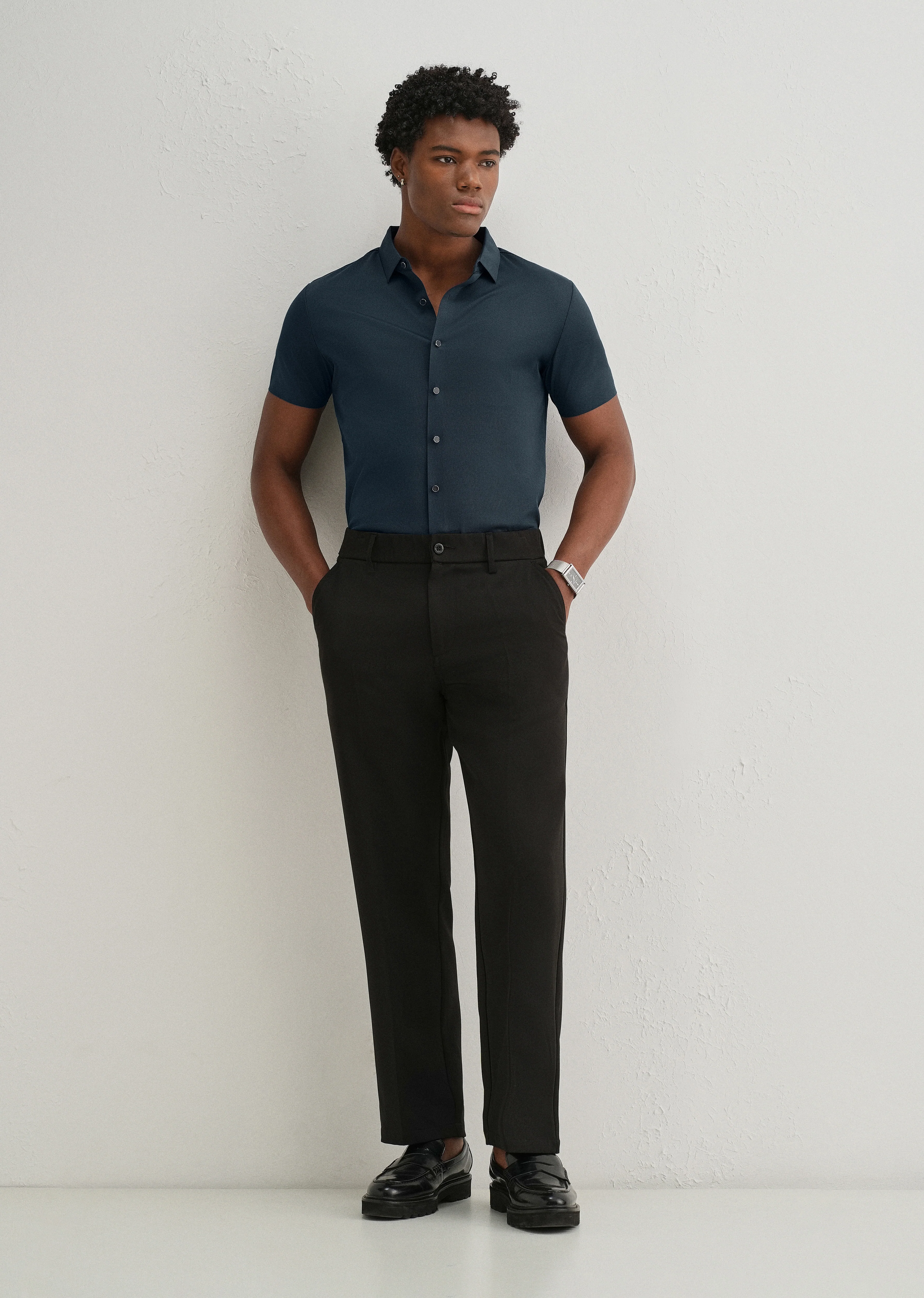 Navy Blue Stitchless Plain Half Sleeve Shirt - Image 6