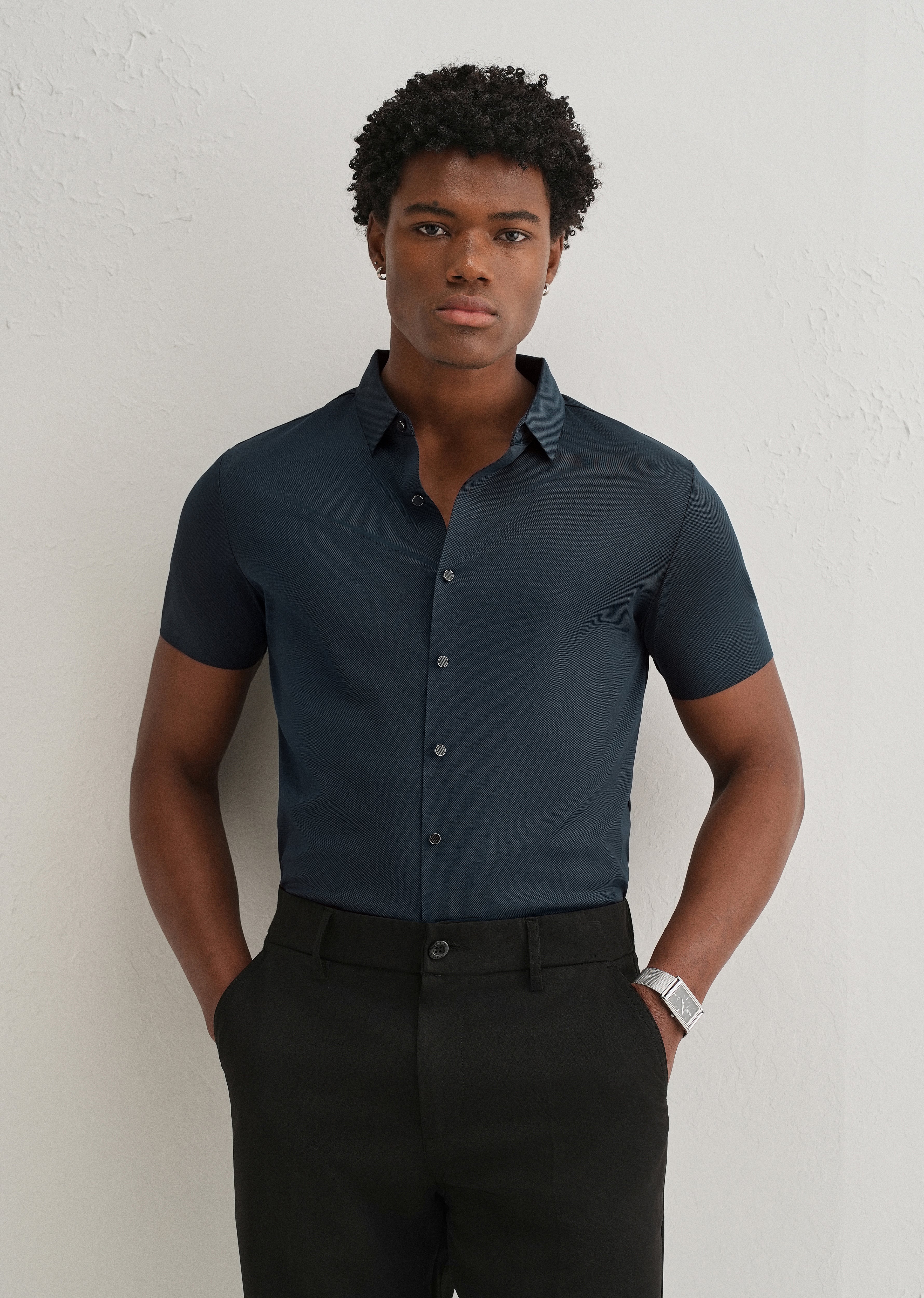 Navy Blue Stitchless Plain Half Sleeve Shirt - Image 7