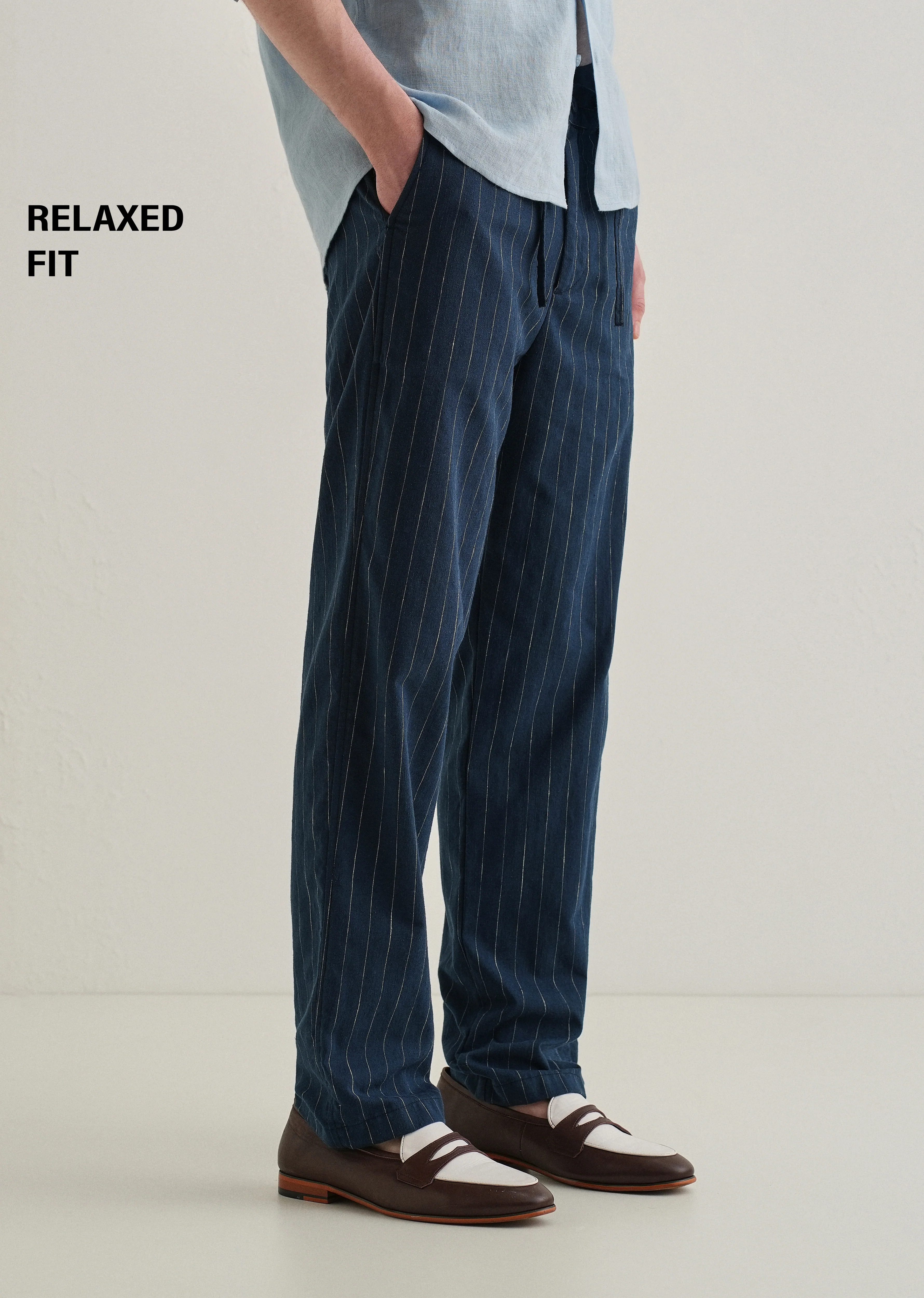 Navy Blue Stripe Relaxed Linen Trouser - Image 7