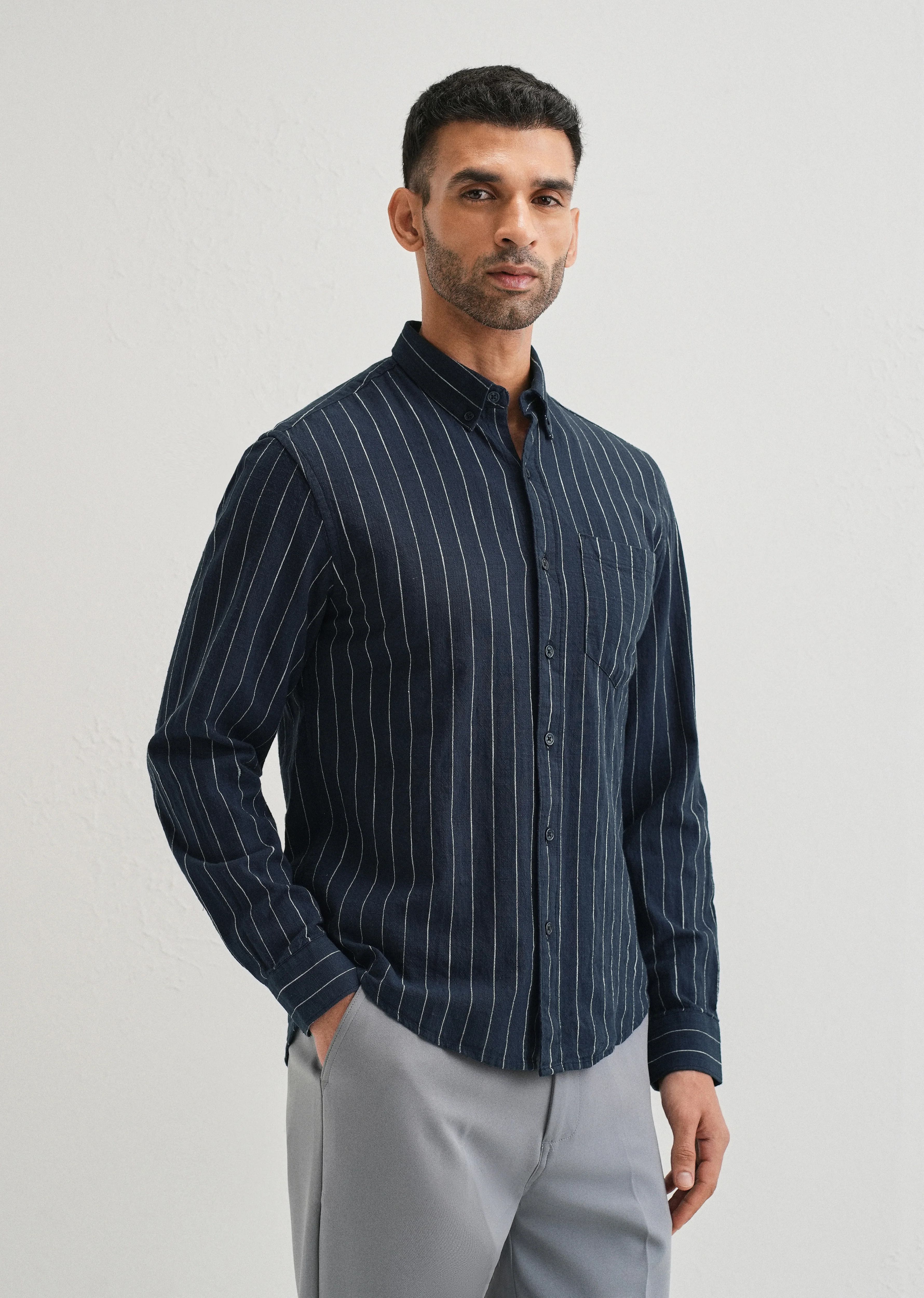 Navy Blue Striped Cotton Linen Shirt - Image 5