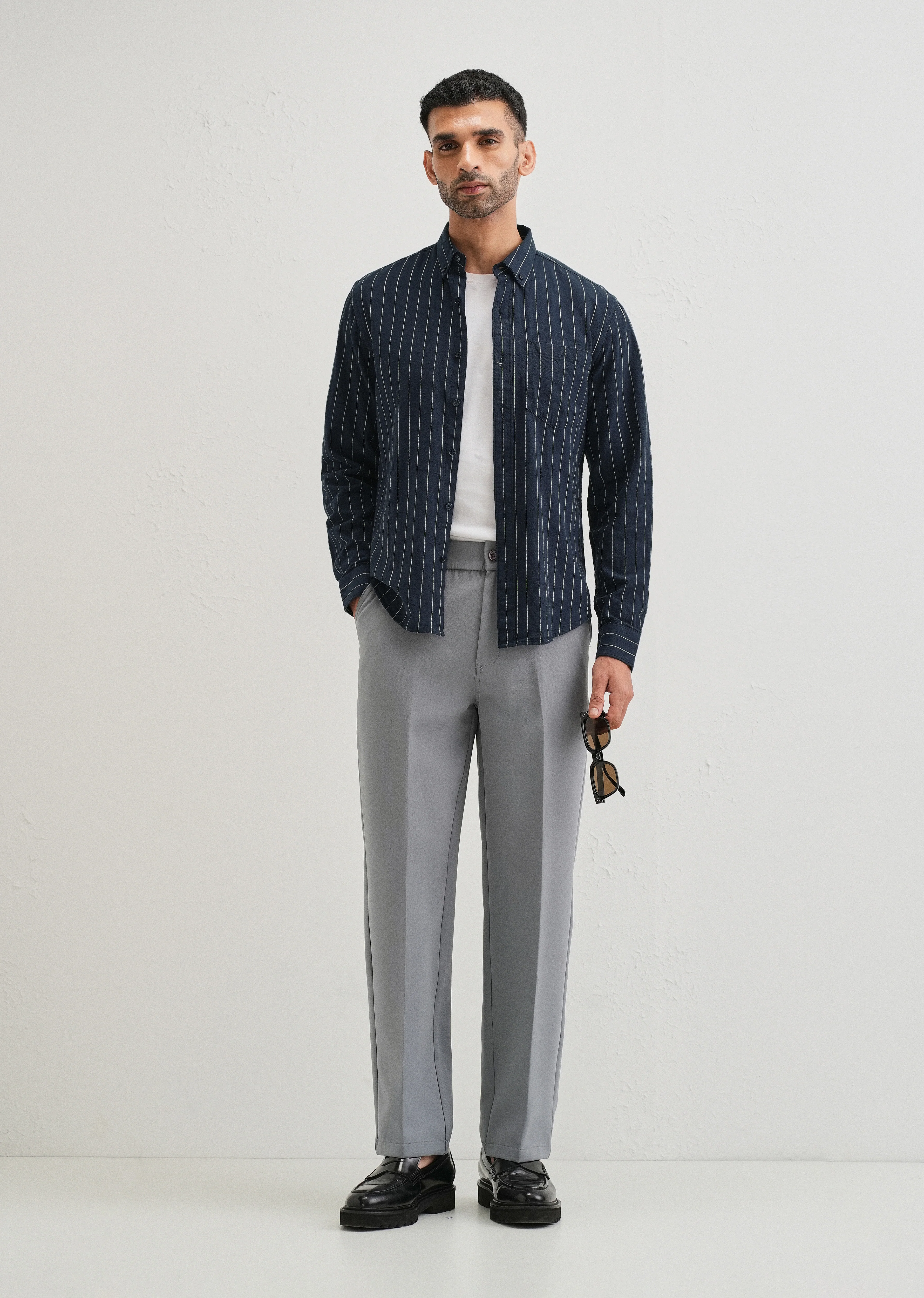 Navy Blue Striped Cotton Linen Shirt - Image 7