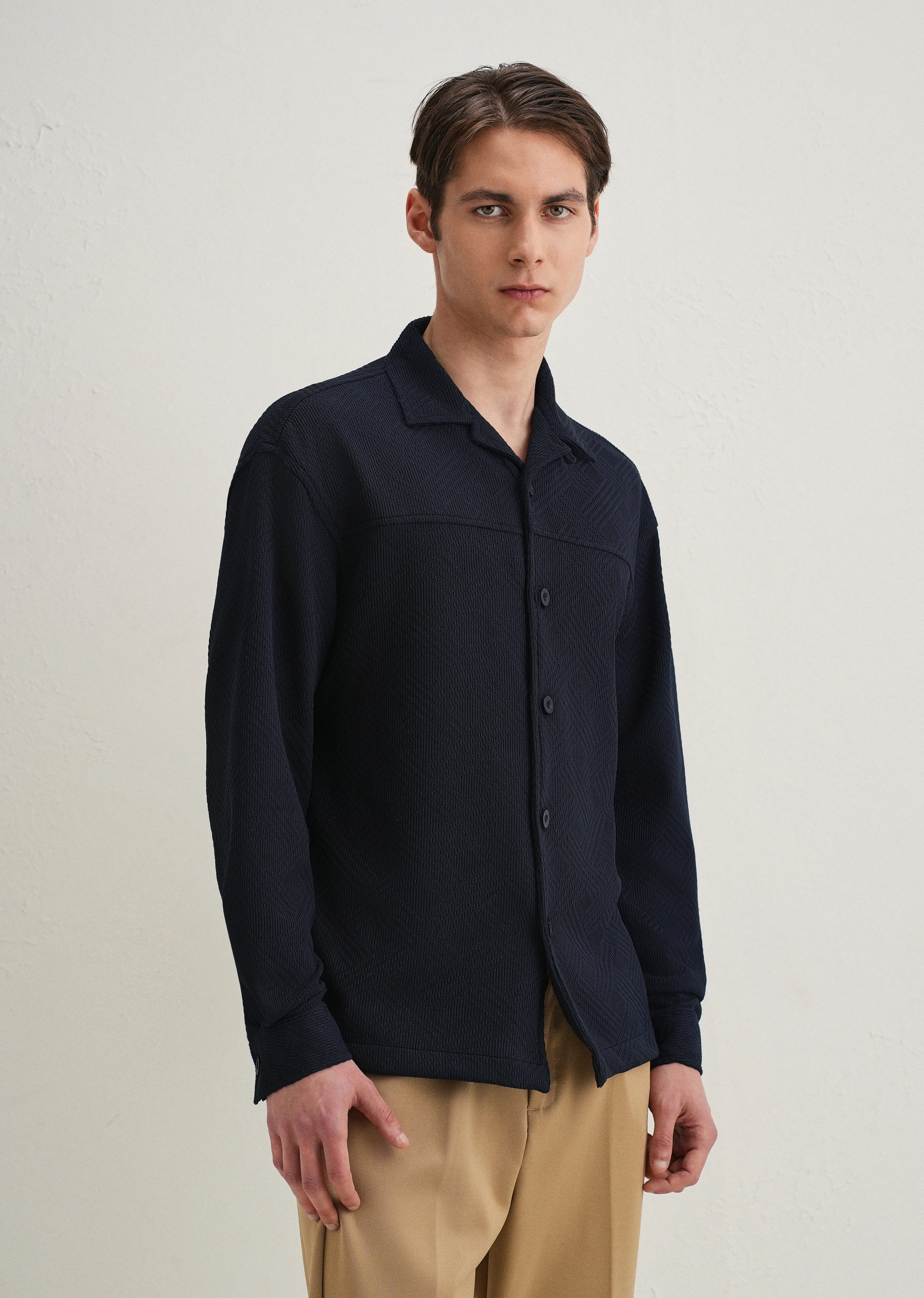 Navy Blue Textured Knit Shacket - Image 6