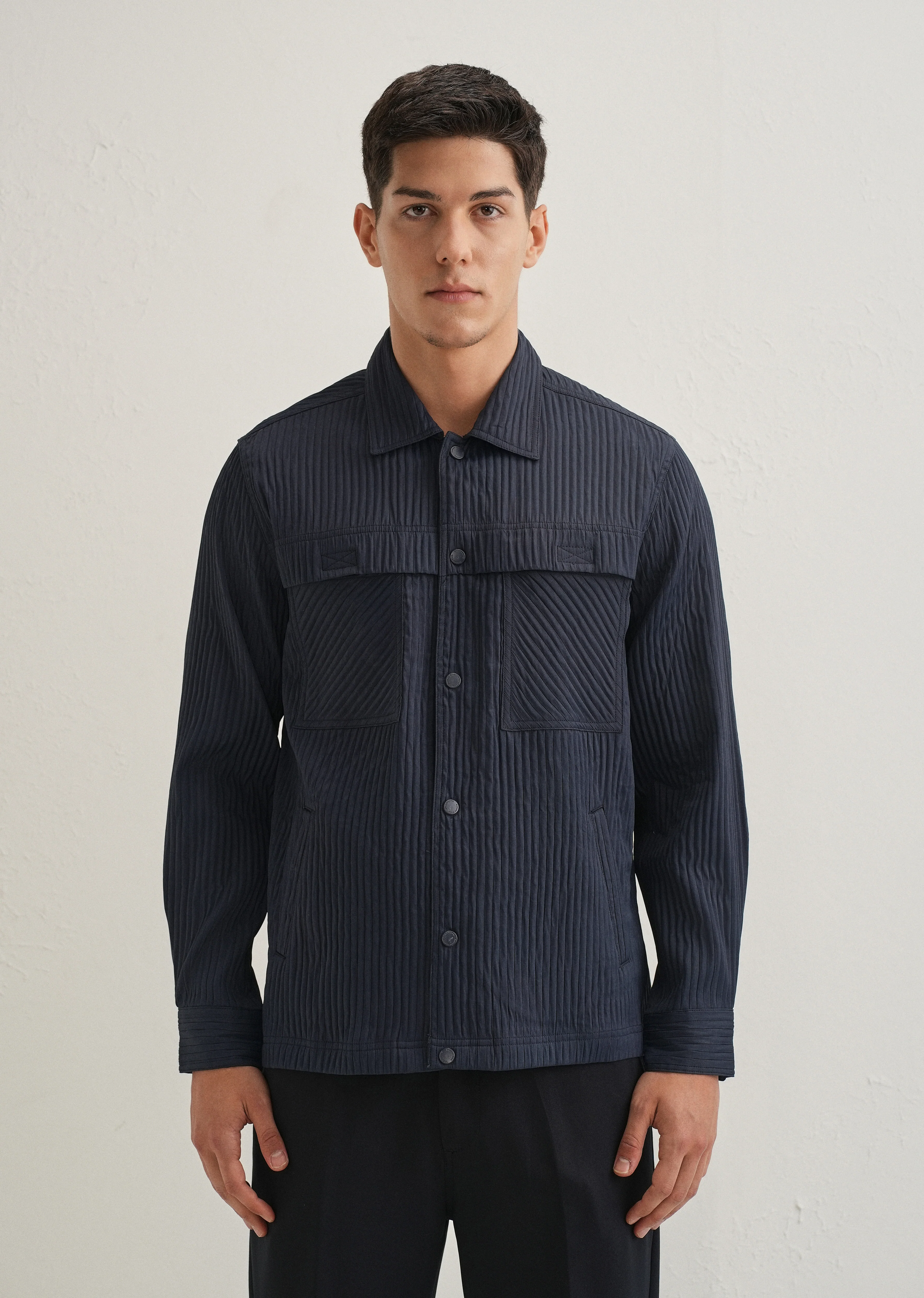 Navy Blue Textured Utility Shacket - Image 3