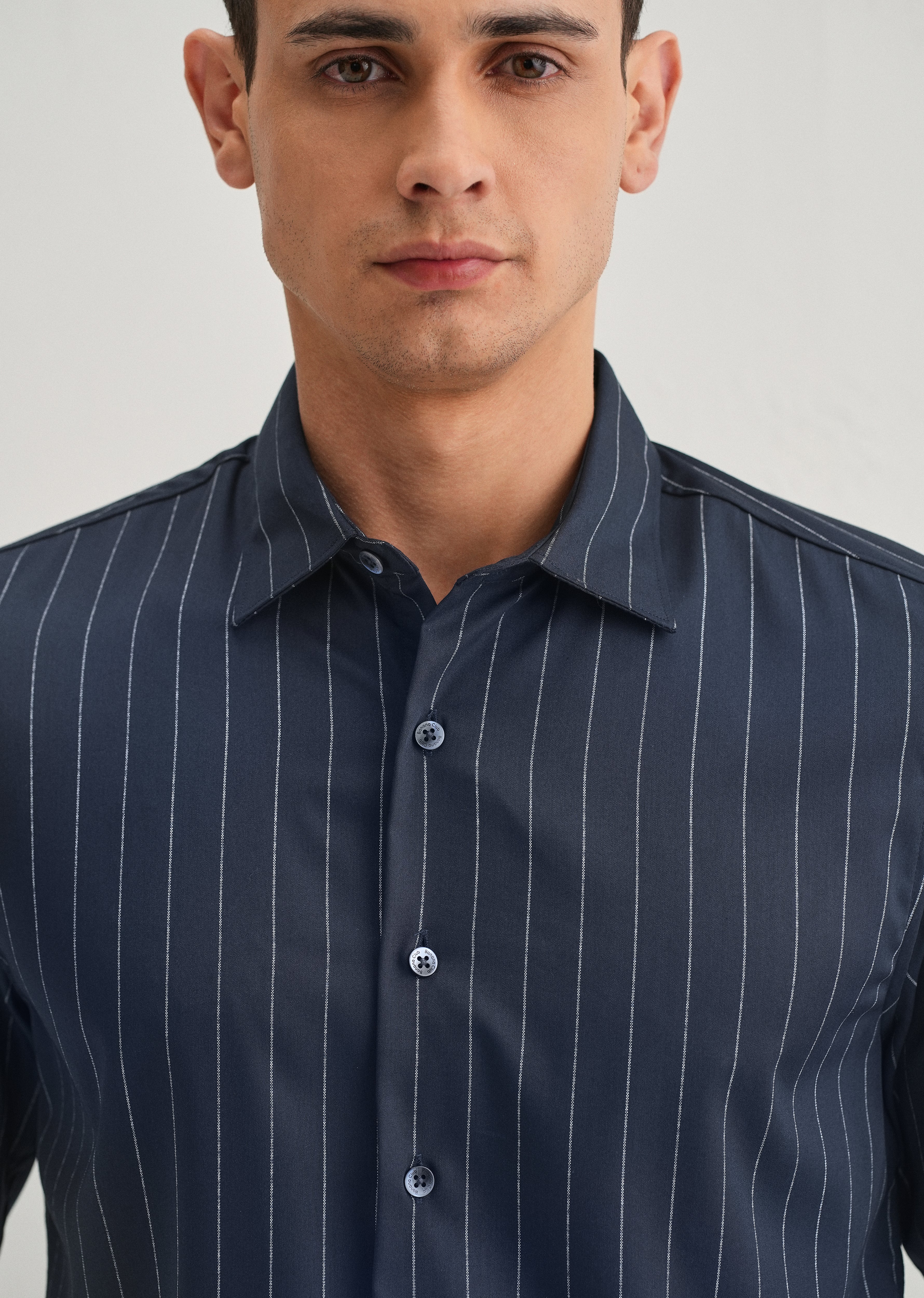Navy Blue Vertical Stripe Shirt - Image 3