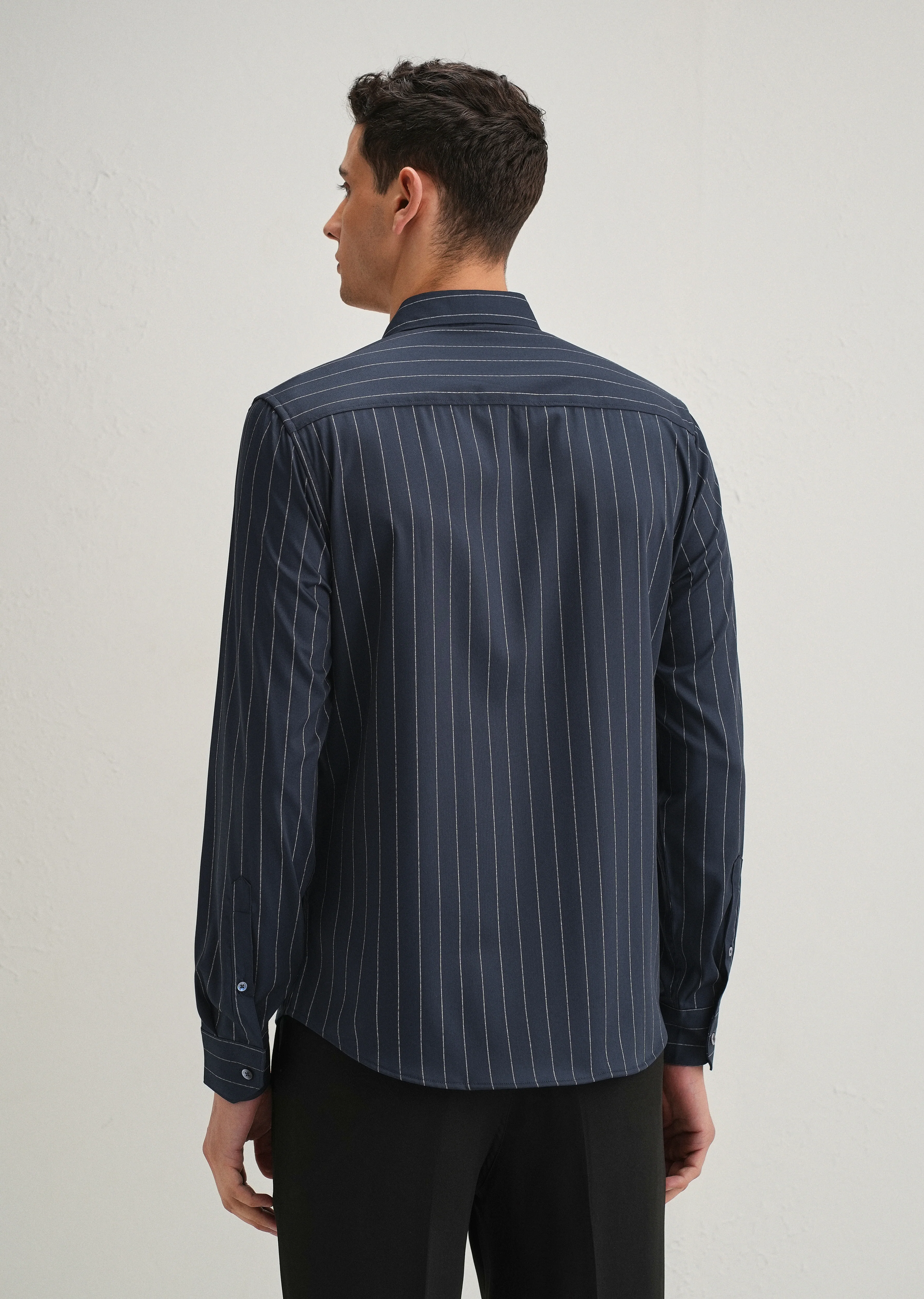 Navy Blue Vertical Stripe Shirt - Image 4