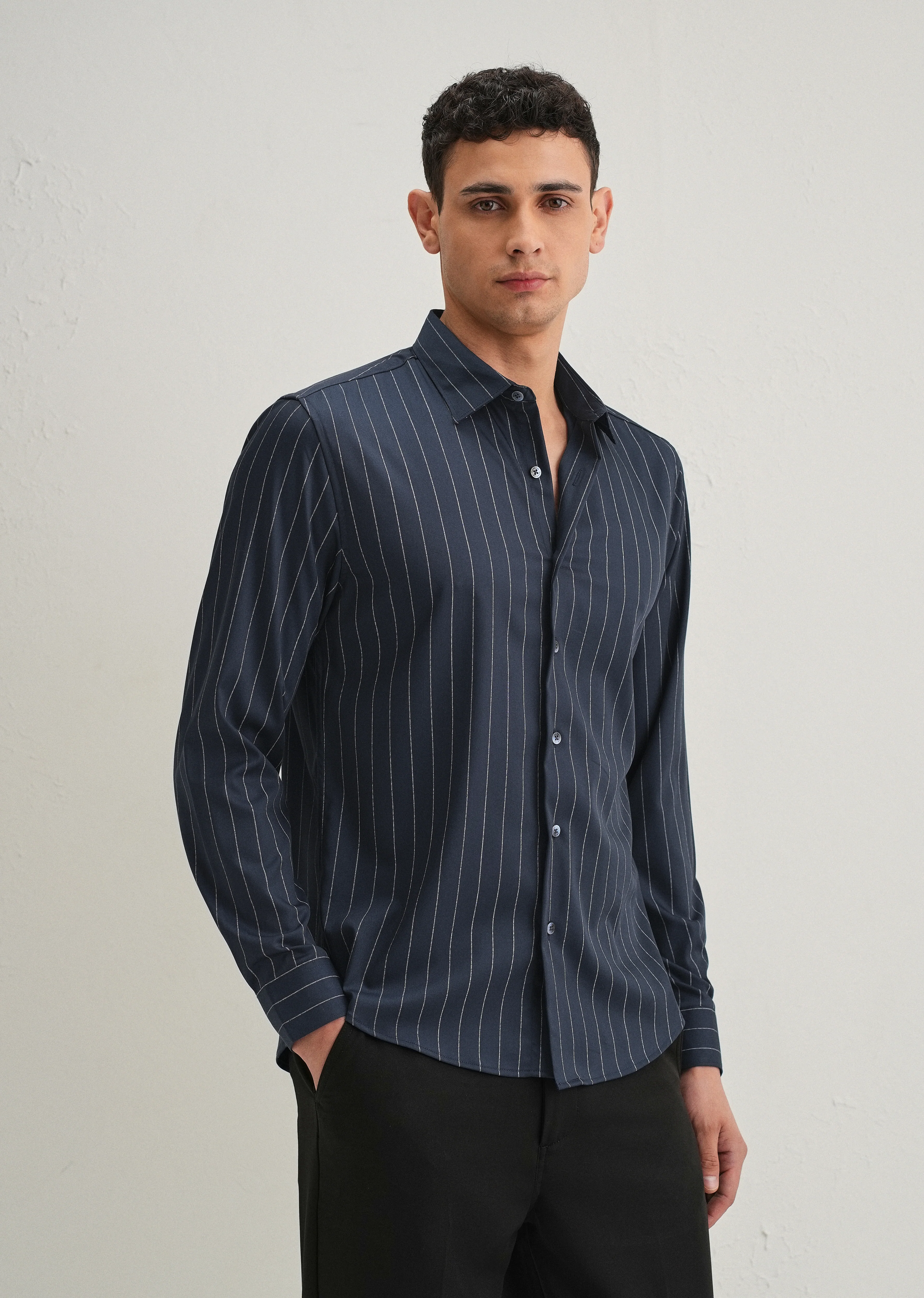 Navy Blue Vertical Stripe Shirt - Image 6