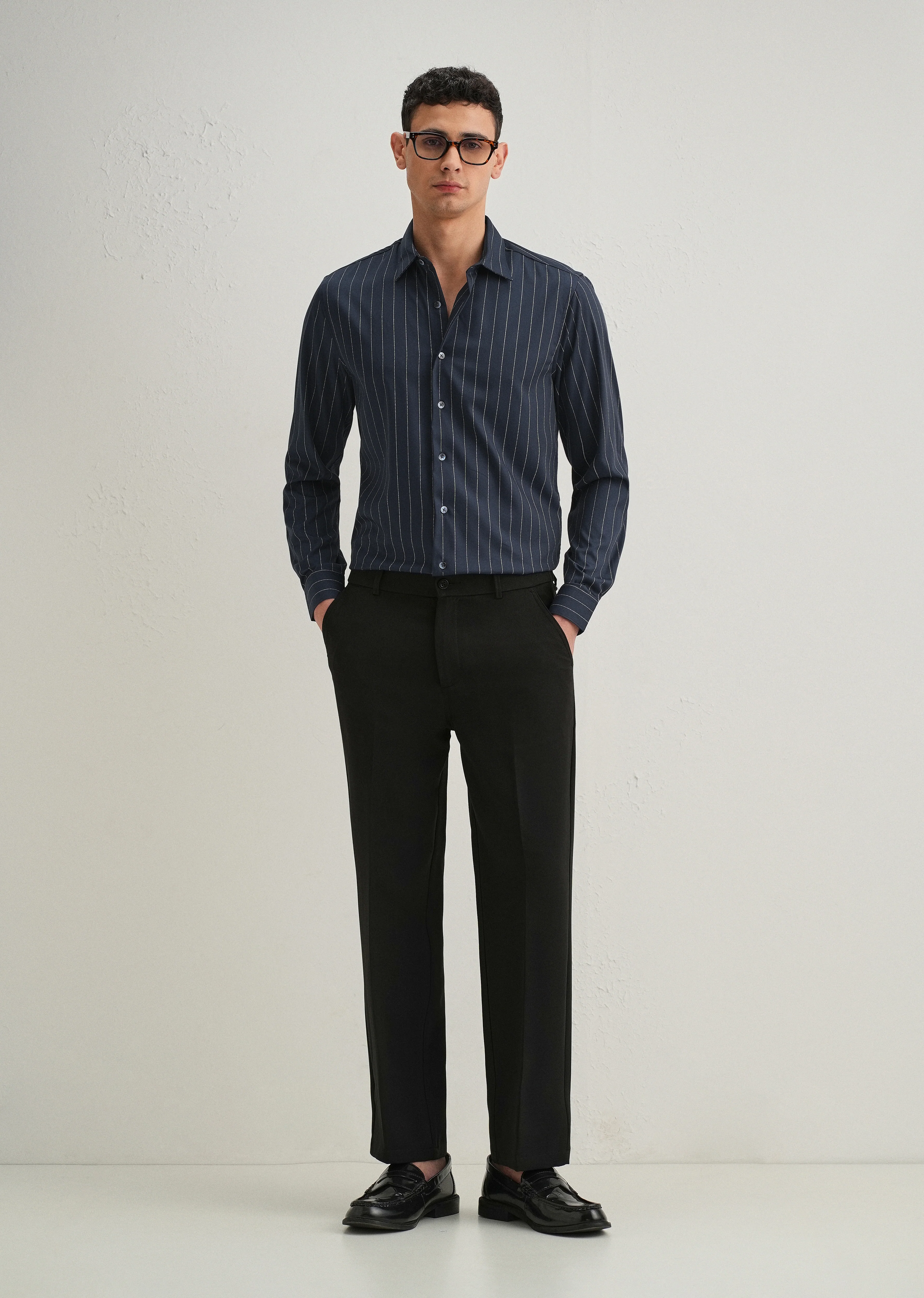 Navy Blue Vertical Stripe Shirt - Image 7