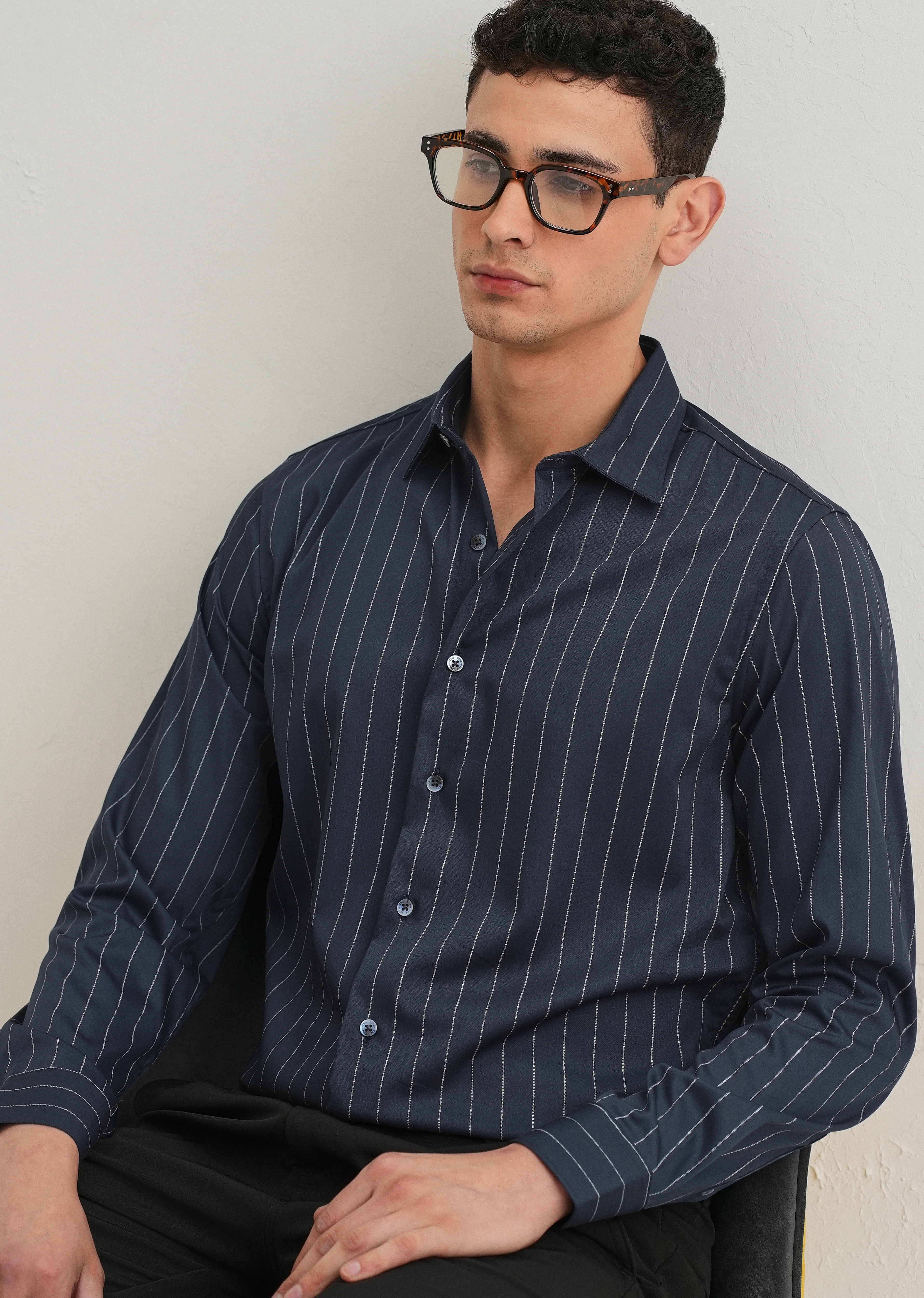 Navy Blue Vertical Stripe Shirt - Image 8