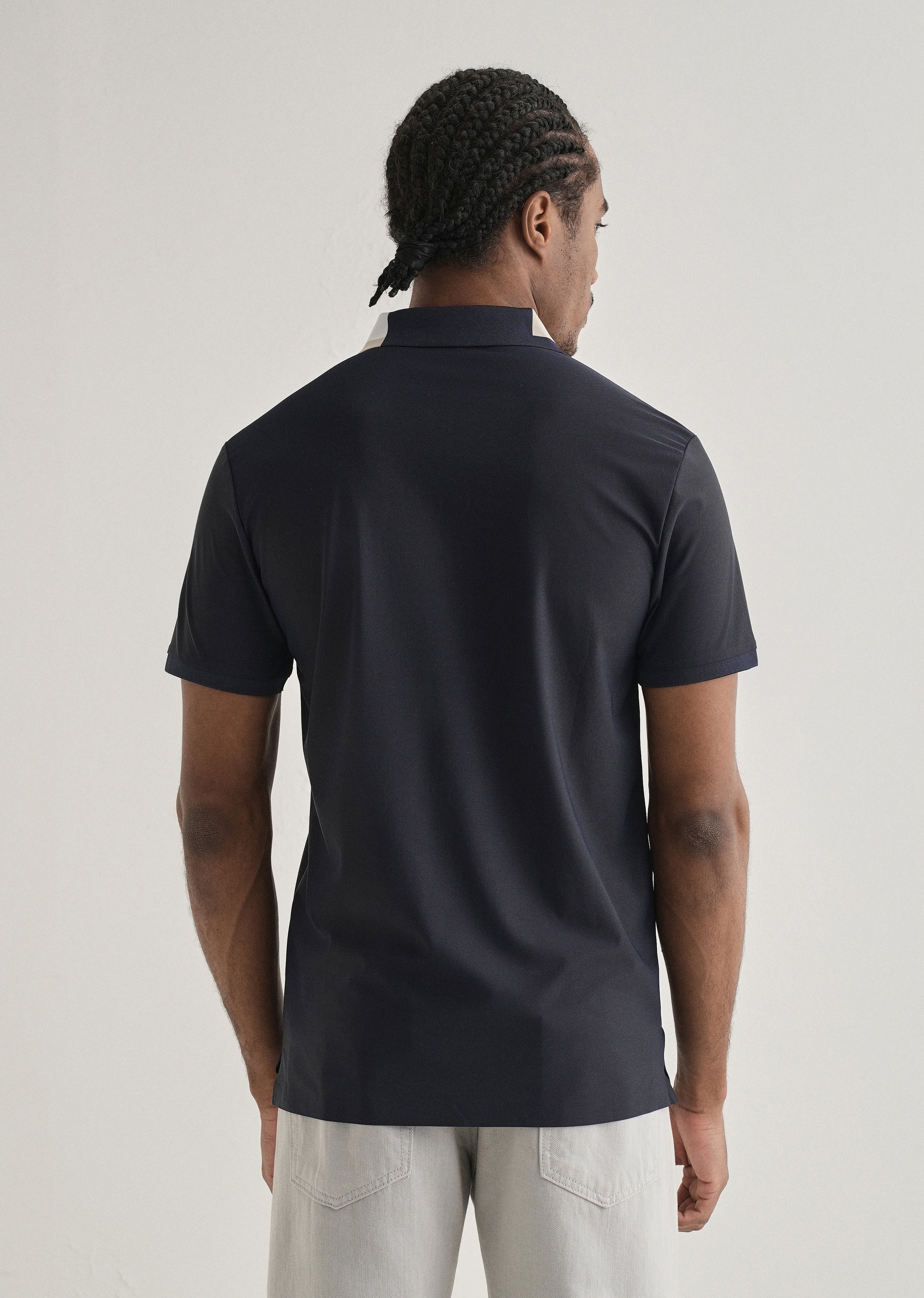 Navy Blue Zipper Polo Collar Seamless T-shirt - Image 2