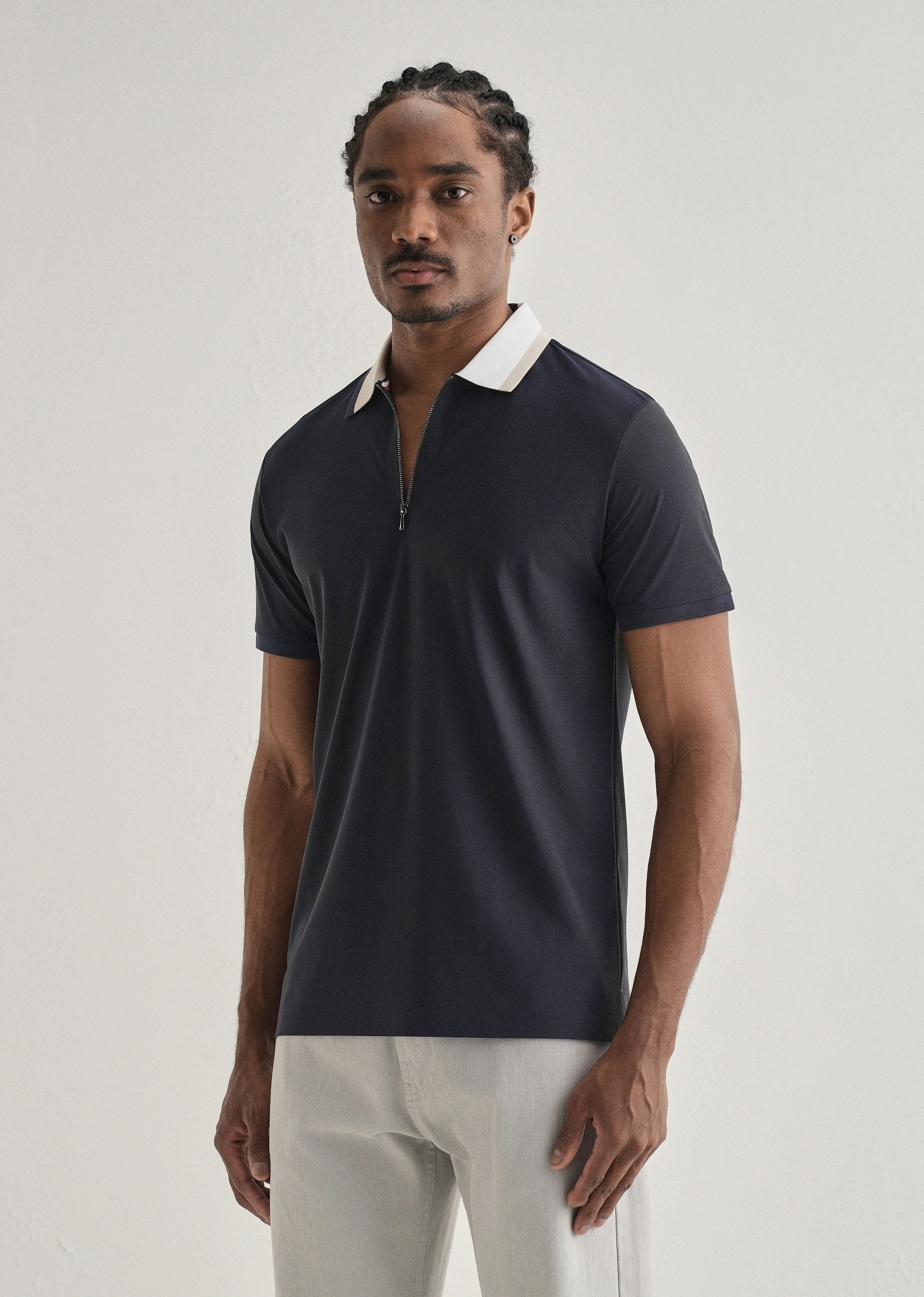 Navy Blue Zipper Polo Collar Seamless T-shirt - Image 4