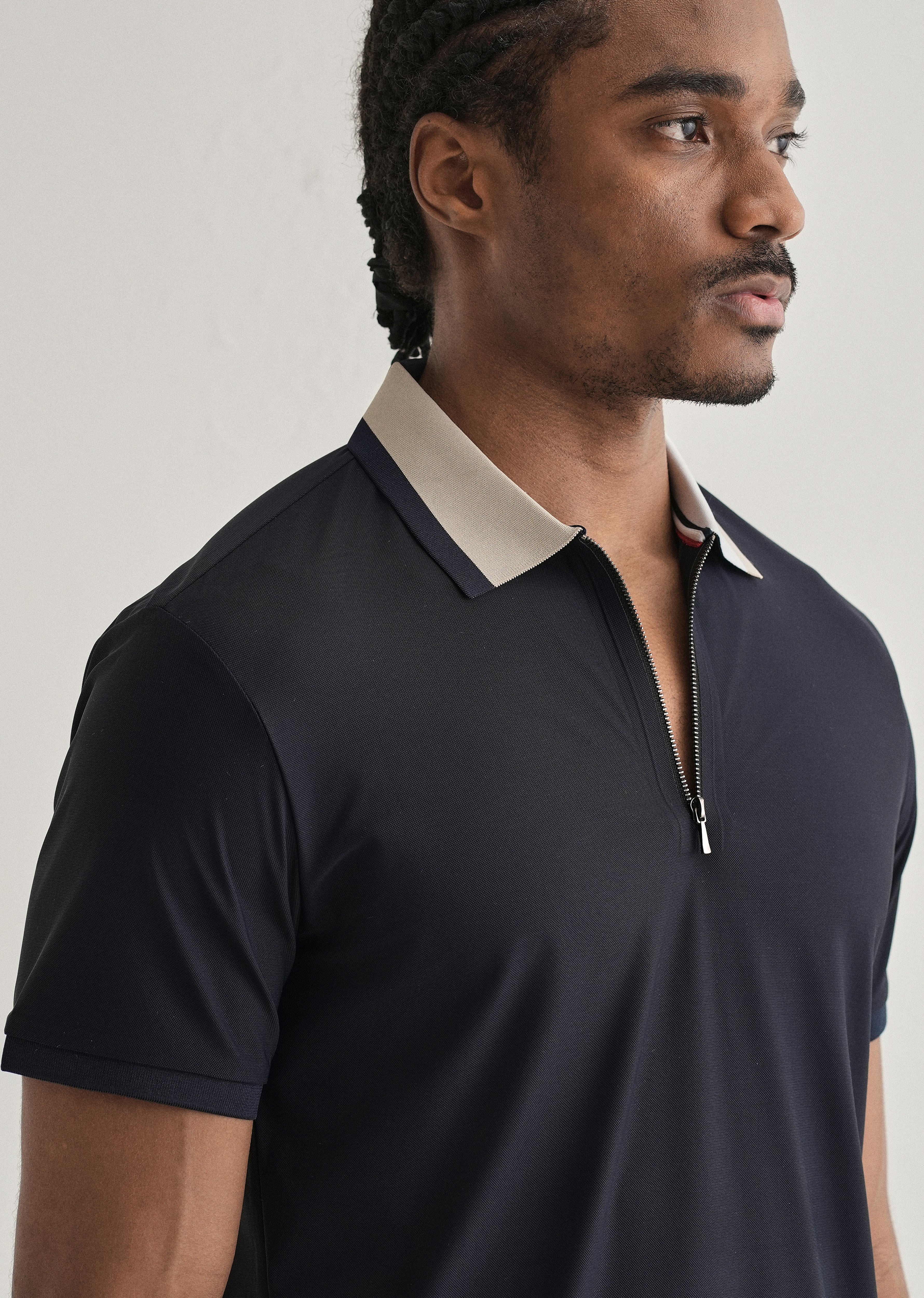 Navy Blue Zipper Polo Collar Seamless T-shirt - Image 5