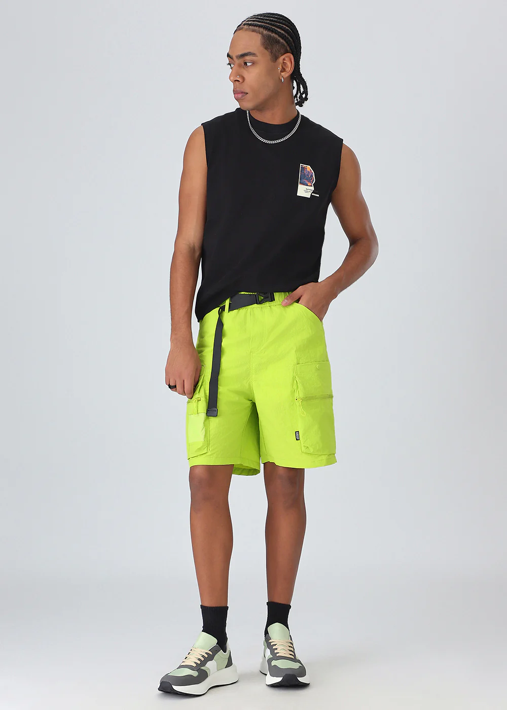 Neon Buckle Belt Cargo Shorts - Image 6