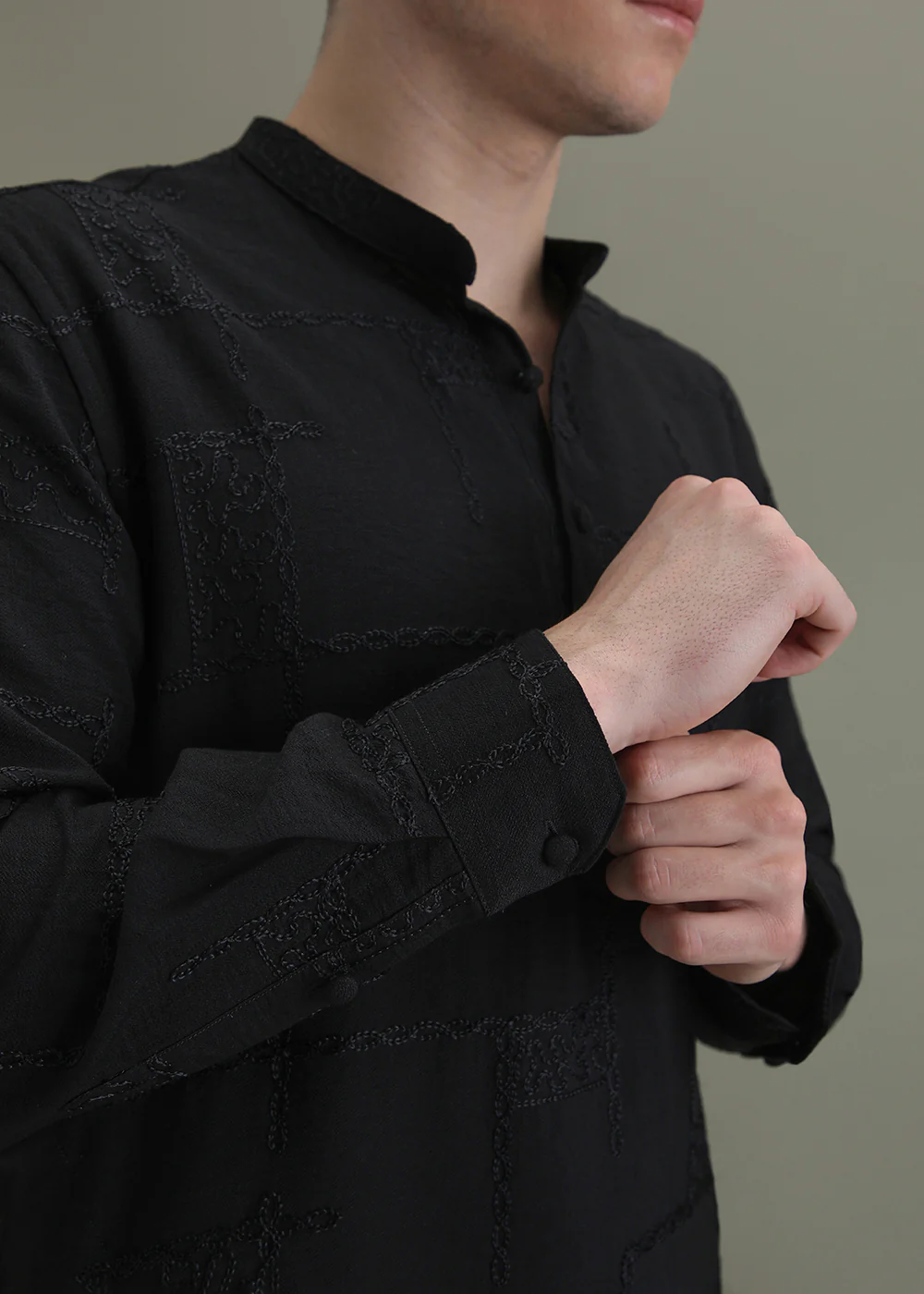 Night Black Self Thread Embroidered Kurta - Image 2