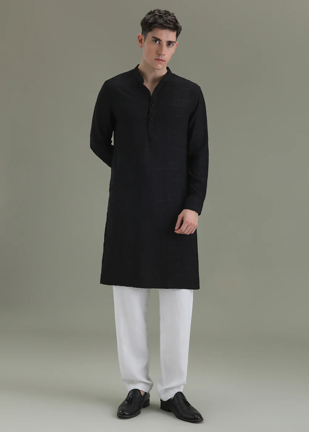 Night Black Self Thread Embroidered Kurta - Image 3