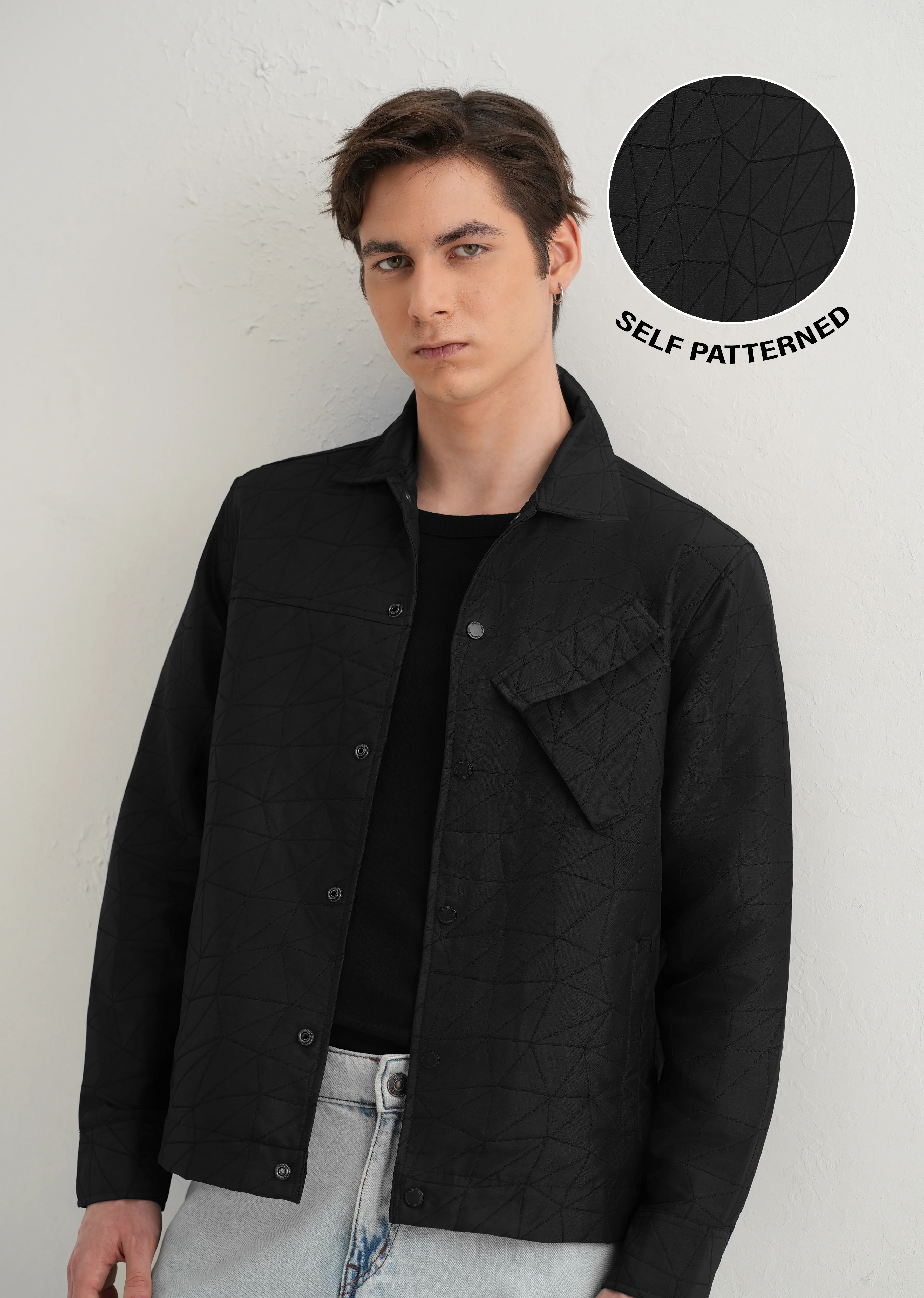 Noir Black Cross Pocket Self Pattern Shacket - Image 8