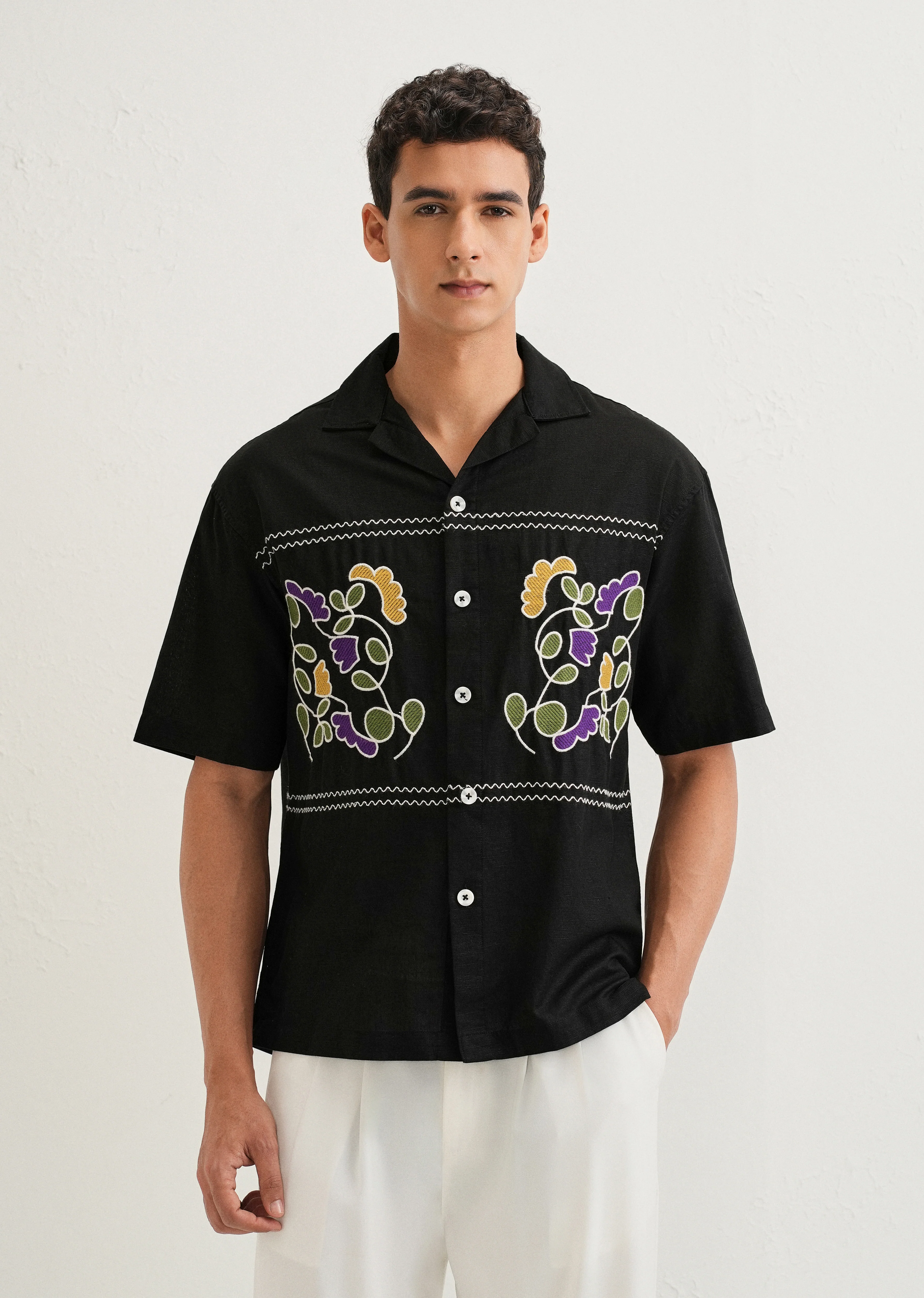 Noir Black Embroidery Cuban Collar Shirt - Image 3
