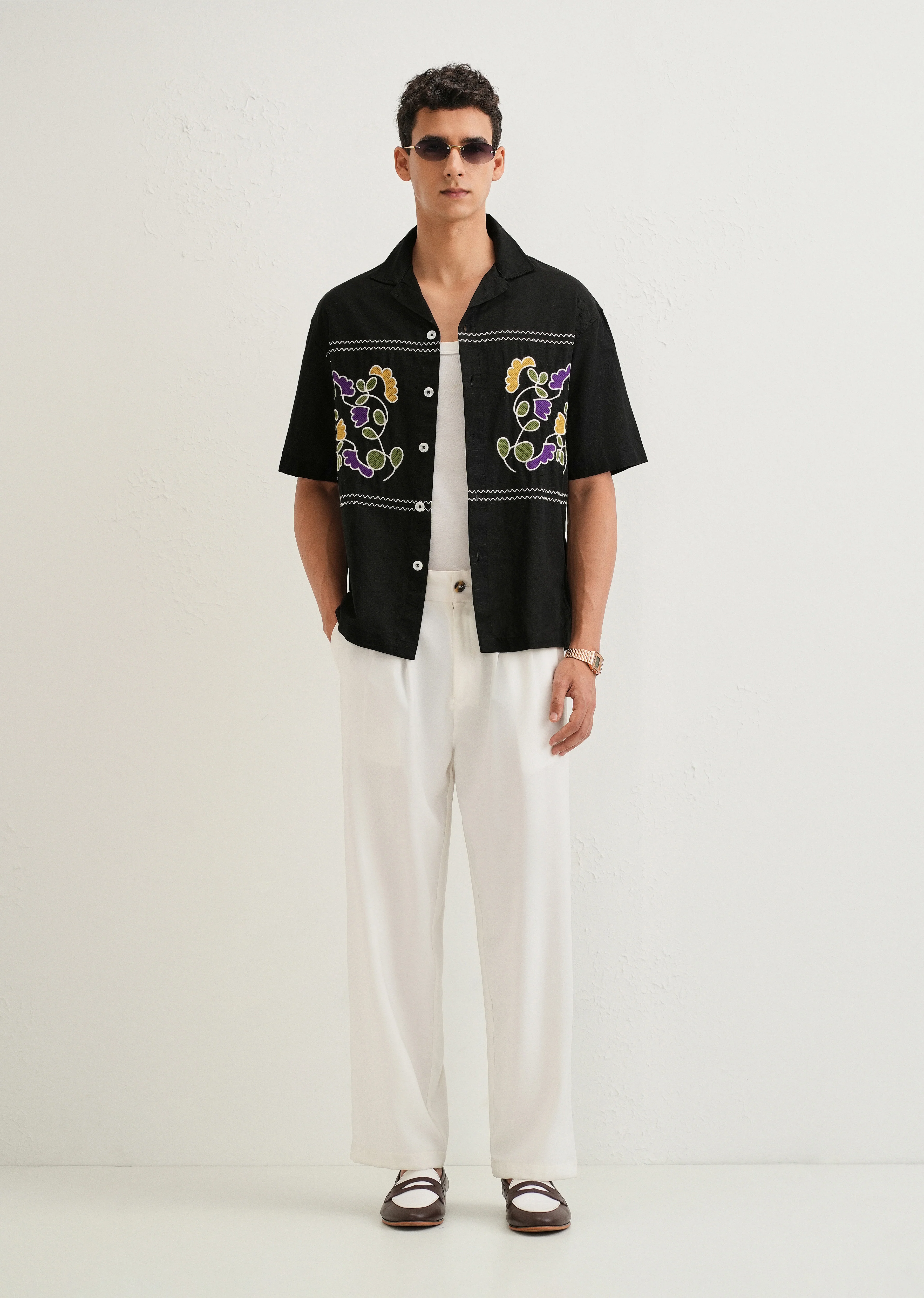 Noir Black Embroidery Cuban Collar Shirt - Image 6