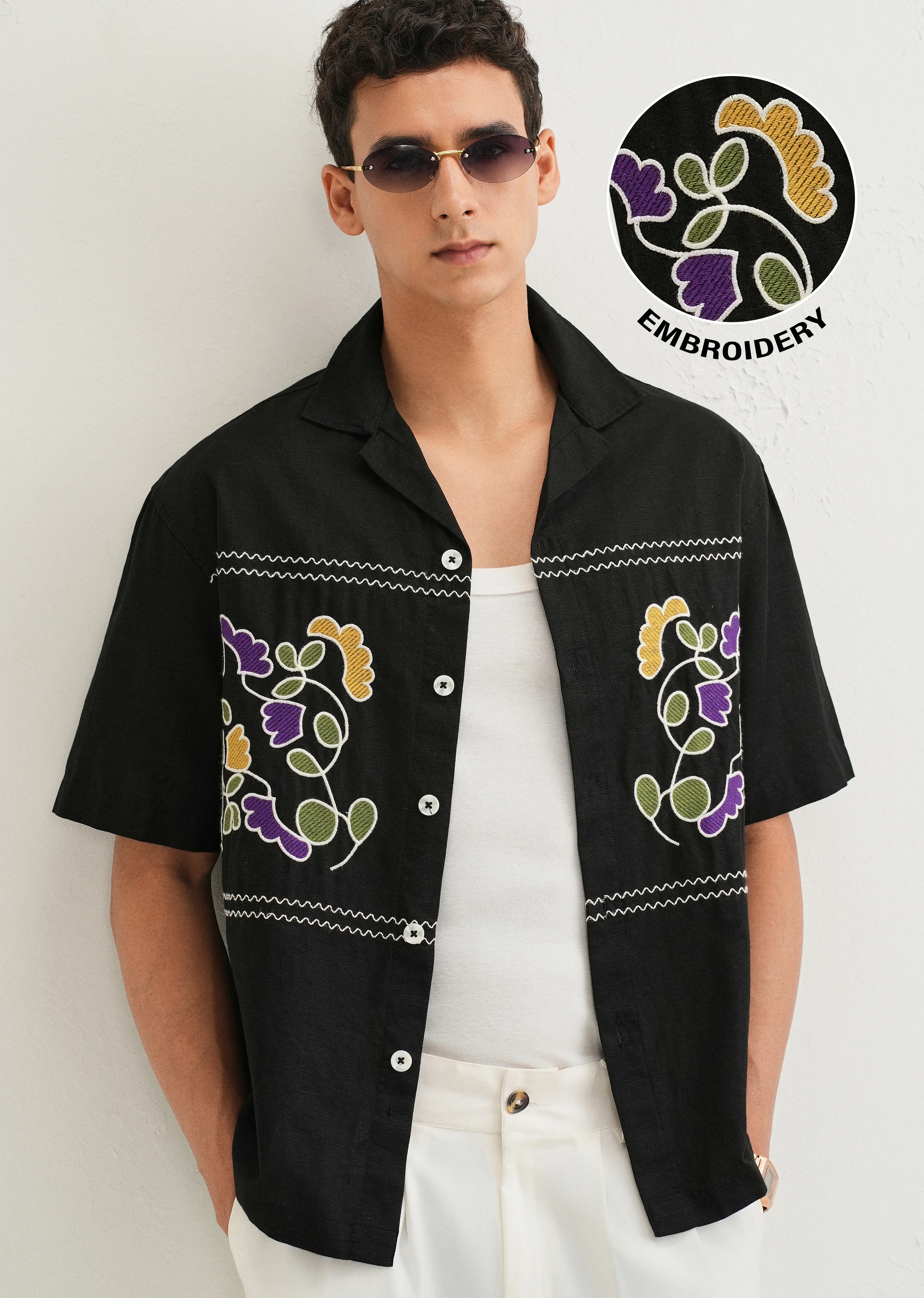 Noir Black Embroidery Cuban Collar Shirt - Image 7
